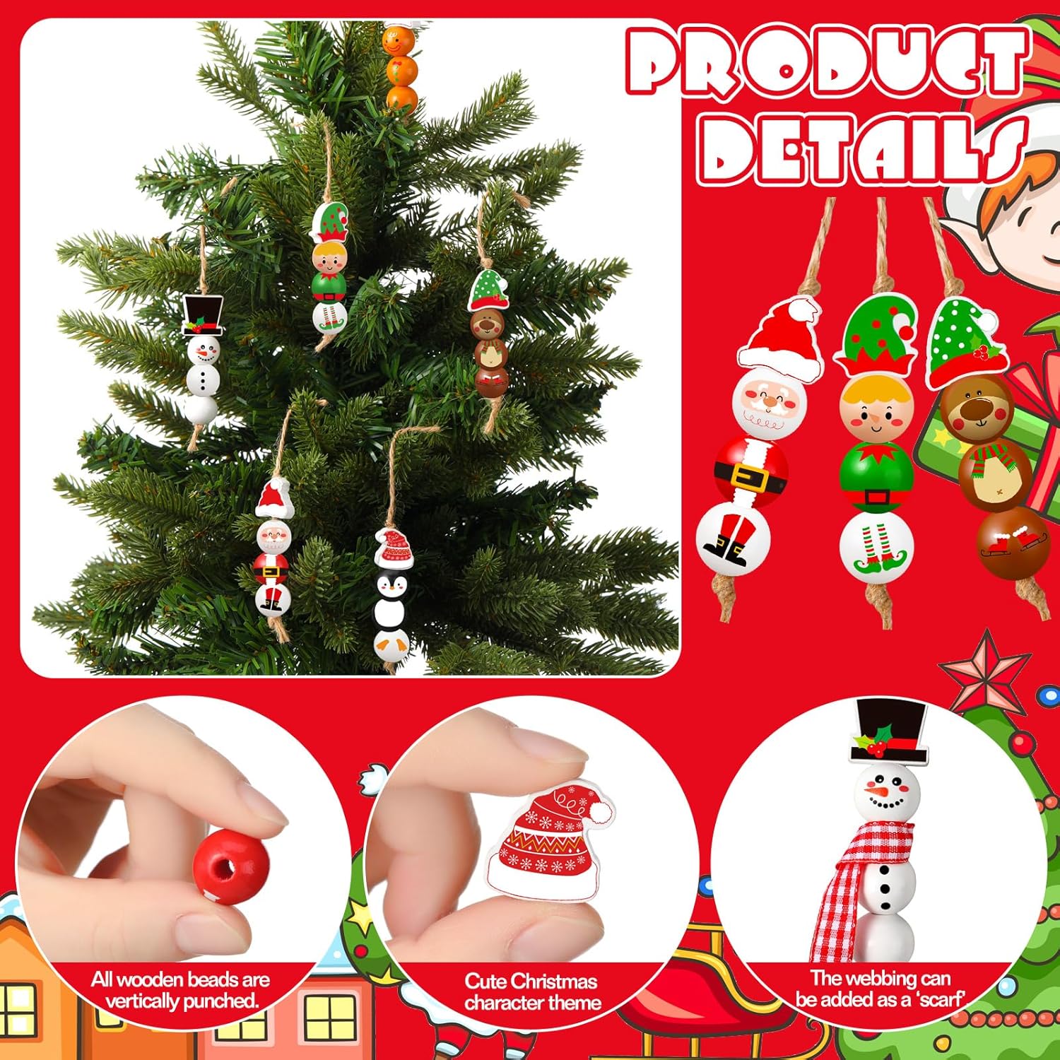 Cinnvoice 240 Pcs Winter Wood Beads with Twine Snowman Gingerbread Man Nutcracker Wooden Bead Garland DIY Crafts Round Beads for Holiday Party Farmhouse Home(Classic Christmas)