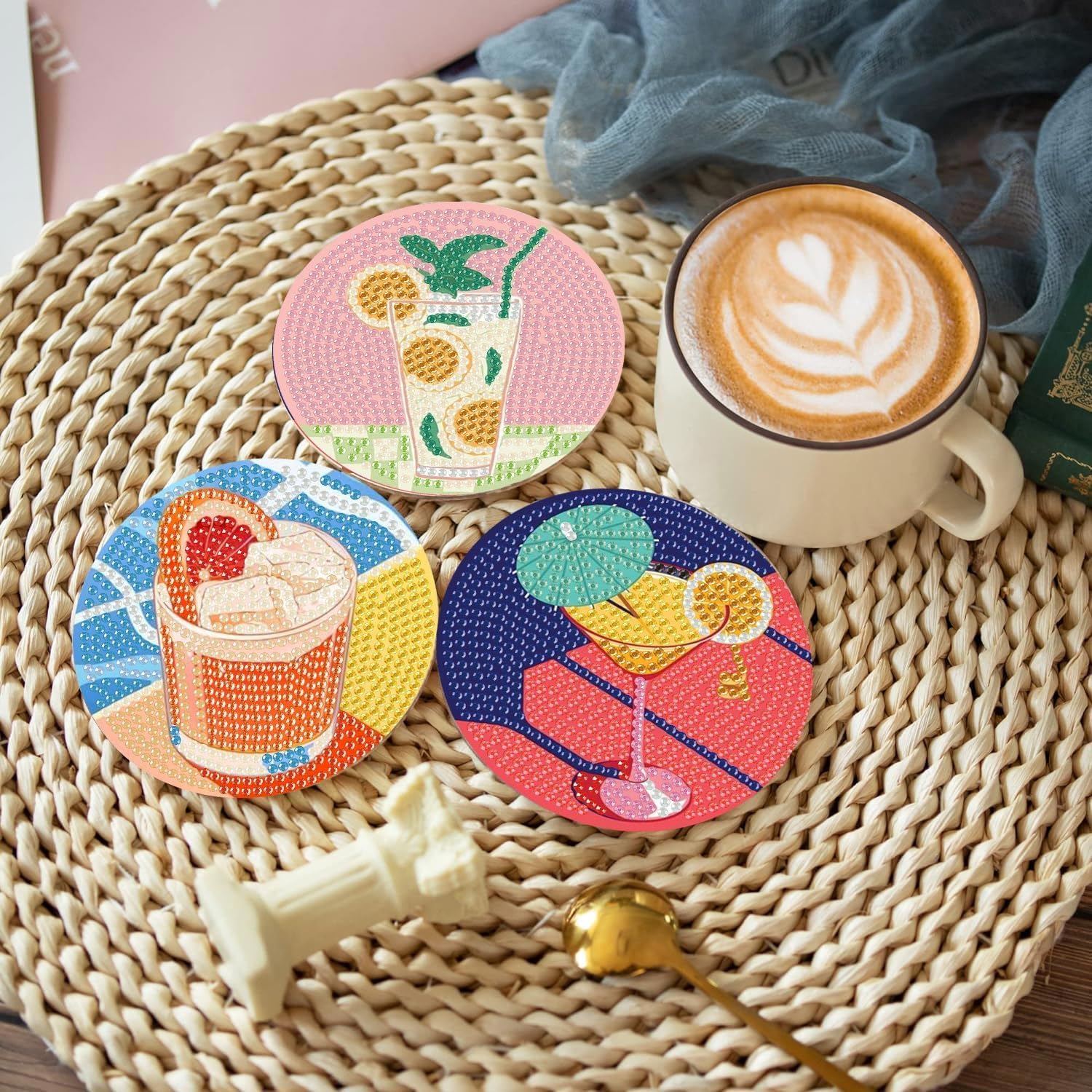 Kit DIY 8 Dessous De Verre à Diamants + Support Liège - Loisir Créatif Adulte Débutant, Décoration