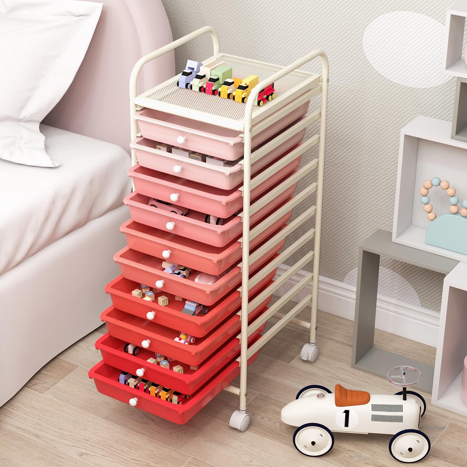 HOMASIS Carrito de almacenamiento con 10 cajones, Carro de servicio con estructura de metal y PP, Carro lateral con ruedas bloqueables para salón, dormitorio, oficina, 38x33x86,5cm (gradiente rosado)