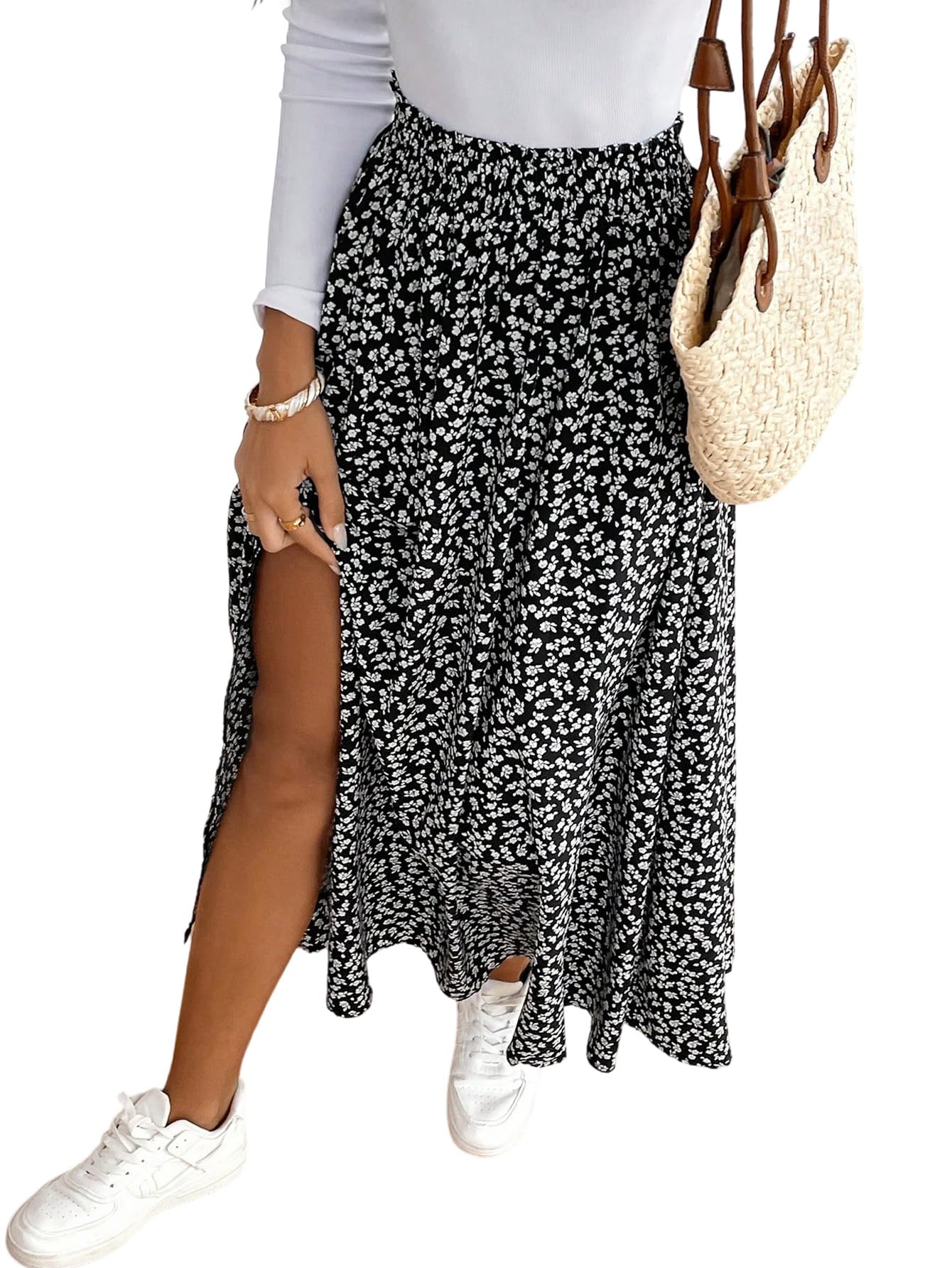 GORGLITTER Damen Rock Langer Sommerrock Boho Midirock mit Schlitz Blümchenmuster Röcke Hohe Taille Blumenrock Casual Freizeitrock Locker Strandrock