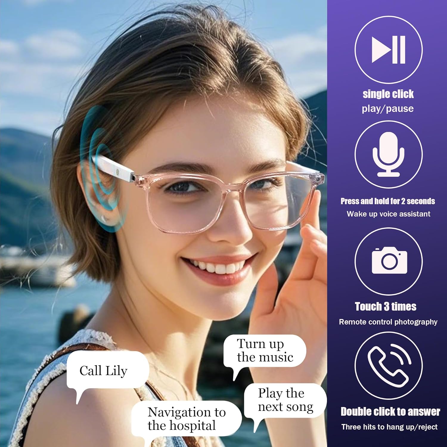 Smart Glasses for Women - Headphone Glasses with Built-in Speakers, HD Open-Ear Audio, Blue Light Filtering for Working (White)