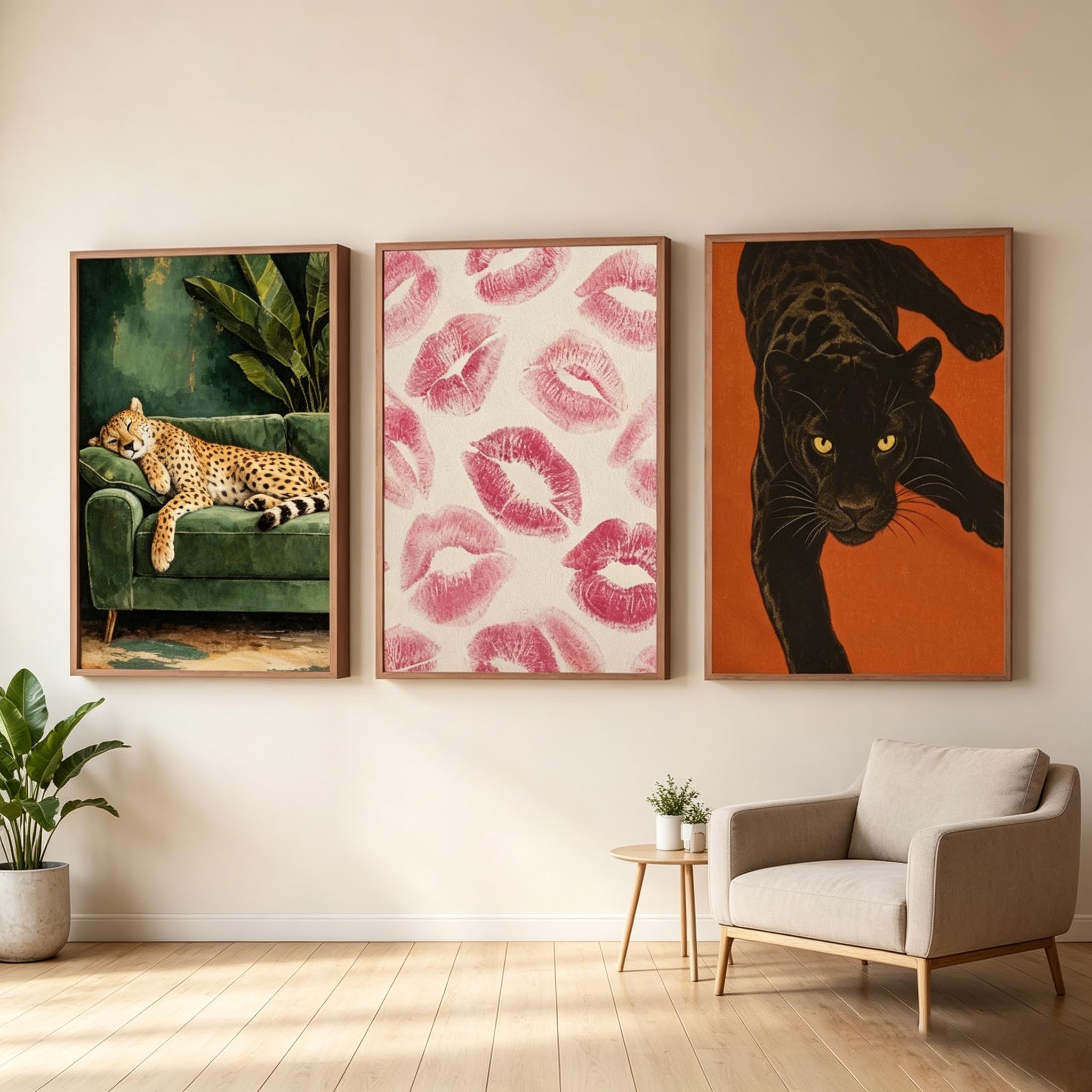 ZBELLO Set of 3 Posters, Vintage Fashion Lipstick Kiss Marks and Cheetah Print Wall Art, Stylish and Luxurious Fashion Posters, for Home Decor, Bedroom or Student Accommodation, Unframed (50x70cm)