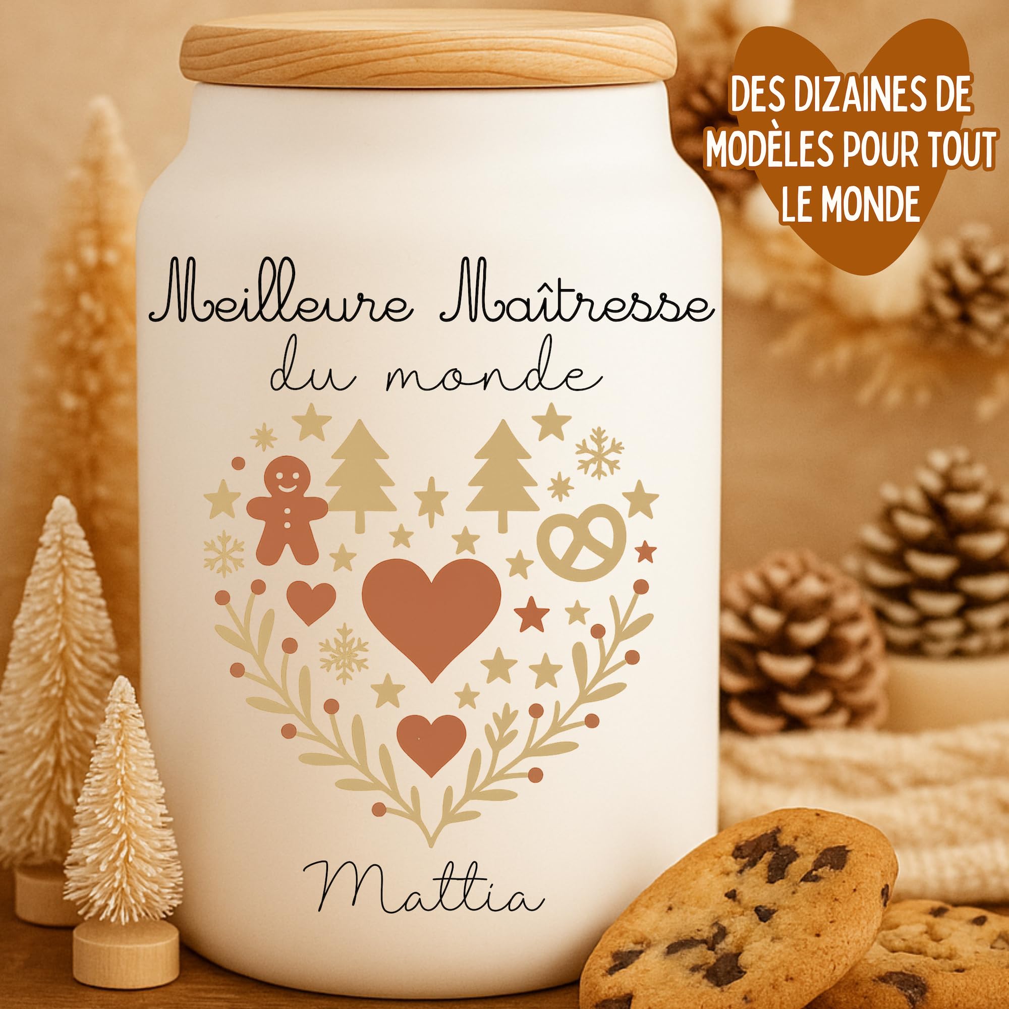 Pot à Cookies Noël Crèche Personnalisé avec Prénom | Cadeau Gourmand Petite Enfance | Pot Hermétique Made in France | Design Festif – Édition Limitée (Coeur)