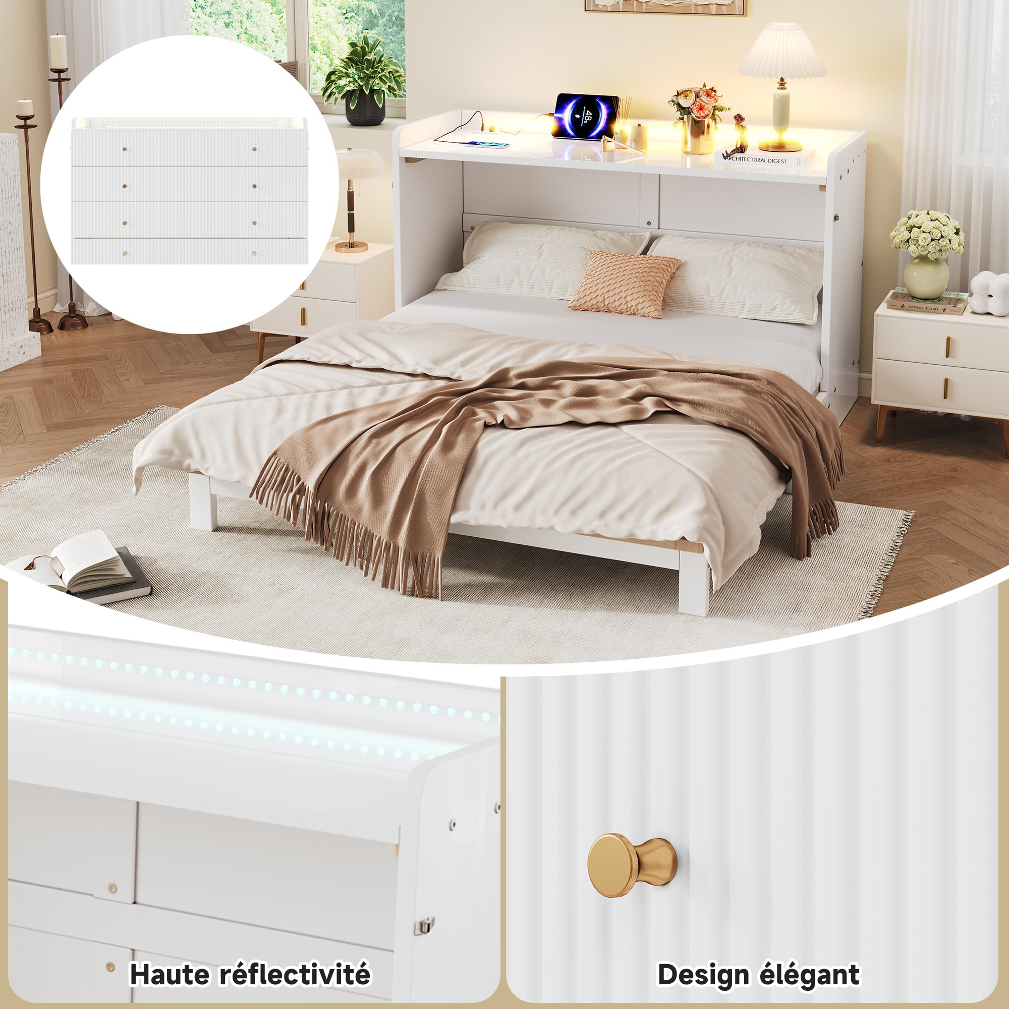 Armario cama, 140 x 200 cm, debajo de la cama se encuentran cajones, con USB y enchufe, barra de luz LED, con placa brillante, cama con plataforma transformable, sin colchón, blanco (140 x 200 cm