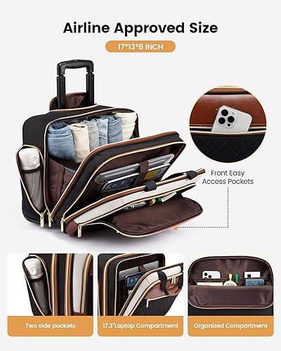 Miniatura 3 de LOVEVOOK Bolsa para laptop con ruedas para mujer, maletín para laptop de 17.3 pulgadas con ruedas, lado suave, debajo del asiento, equipaje de mano