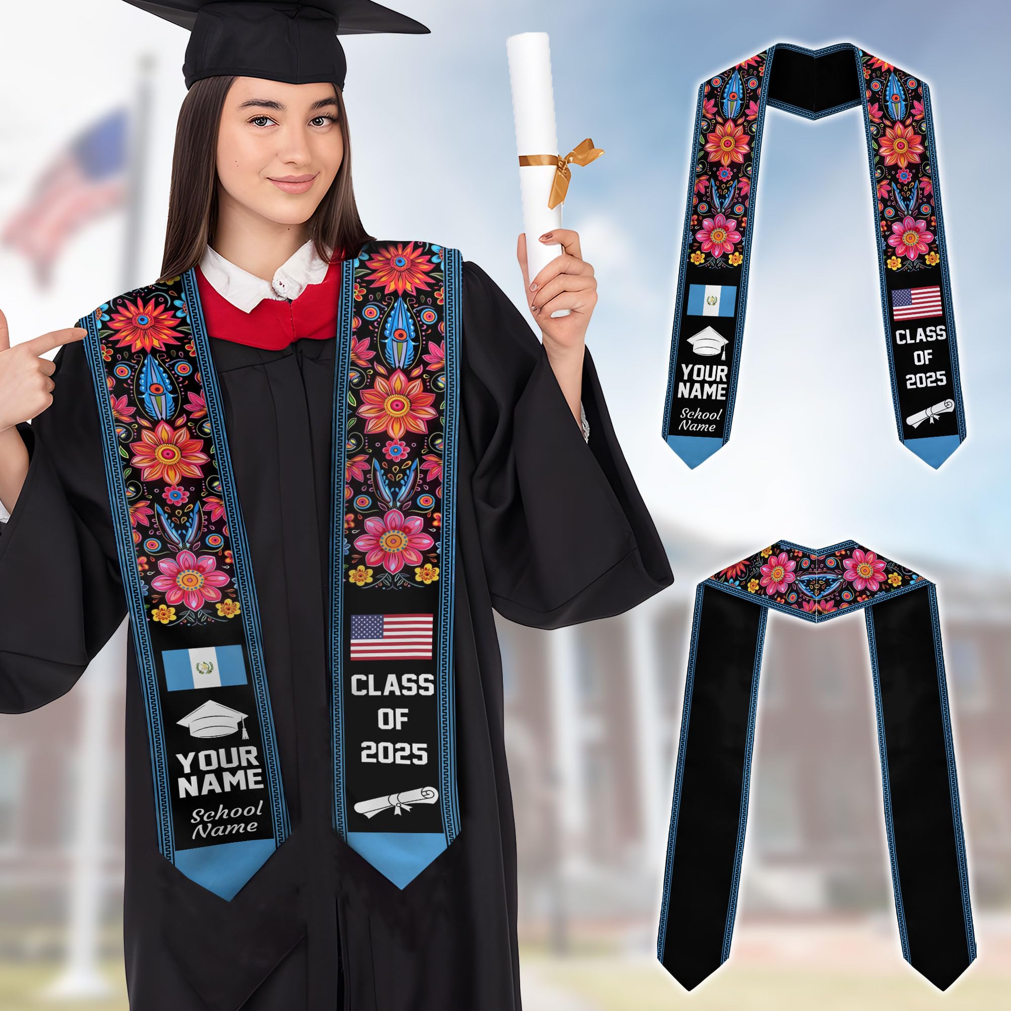 MonkeyVan Custom Guatemala Graduation Sash, Personalized Guatemalan Graduation Sash 2025, Guatemala American Graduation Sashes Gtm6
