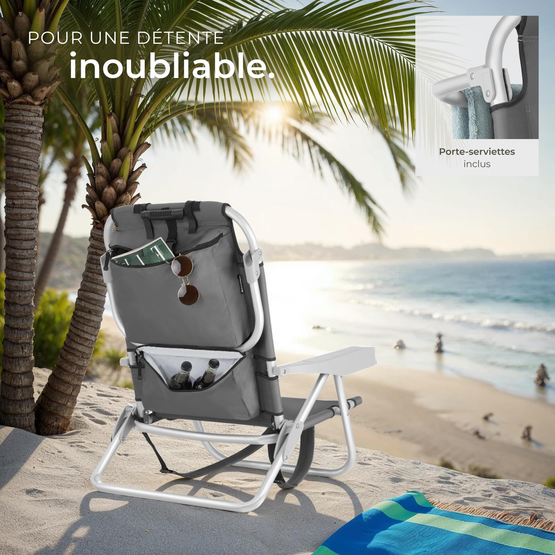 tectake® Chaise pliante Chaise Plage Fauteuil Camping, Cadre en Aluminium inoxydable, Dossier réglable 5 positions avec Appuie-tête Porte gobelet Sac isotherme intégré Accessoire plage Voyage Festival