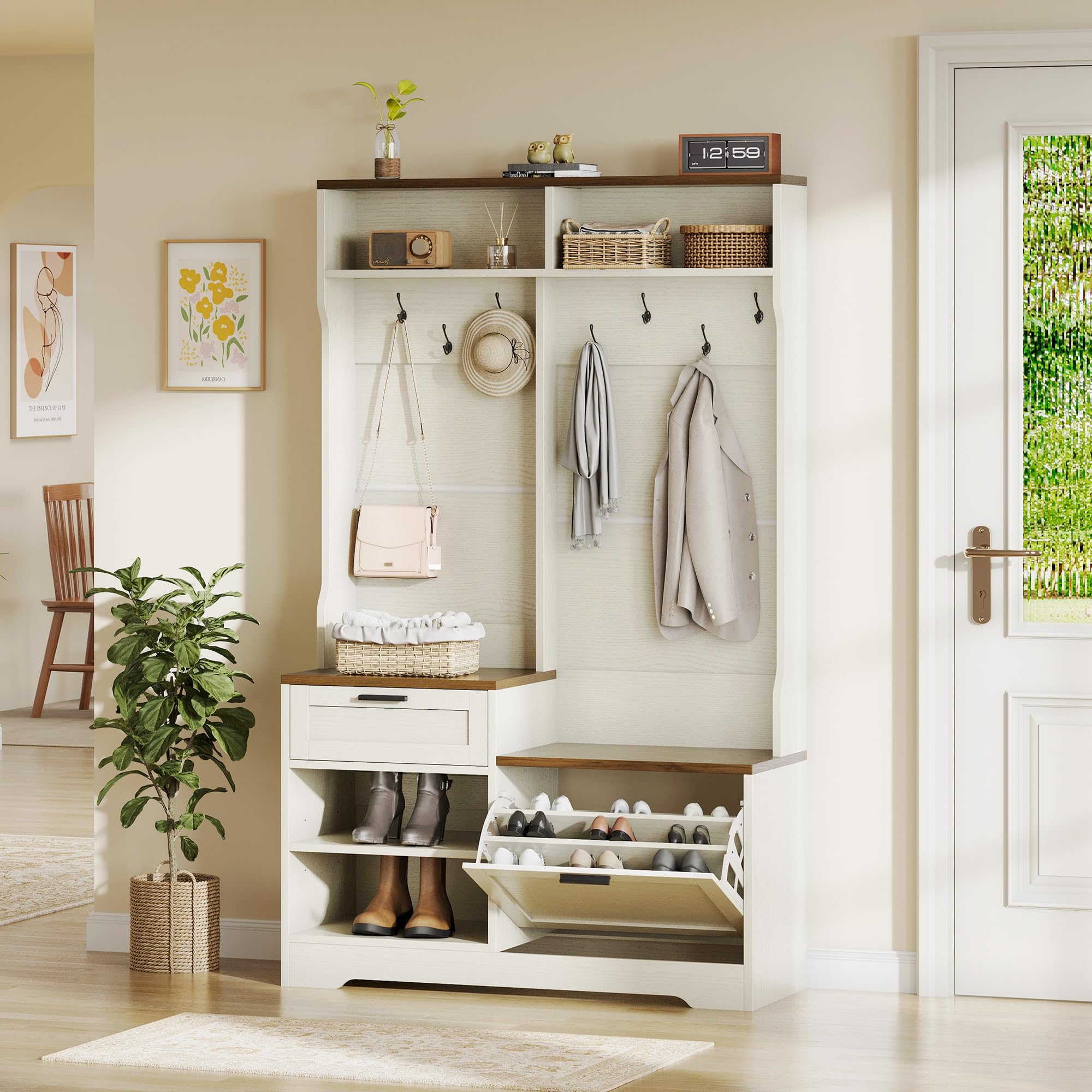 Modern Hall Tree with Bench Shoe Storage, Entryway Organizer Wooden Coat Rack with 7 Hooks for Front Door (Walnut Brown)