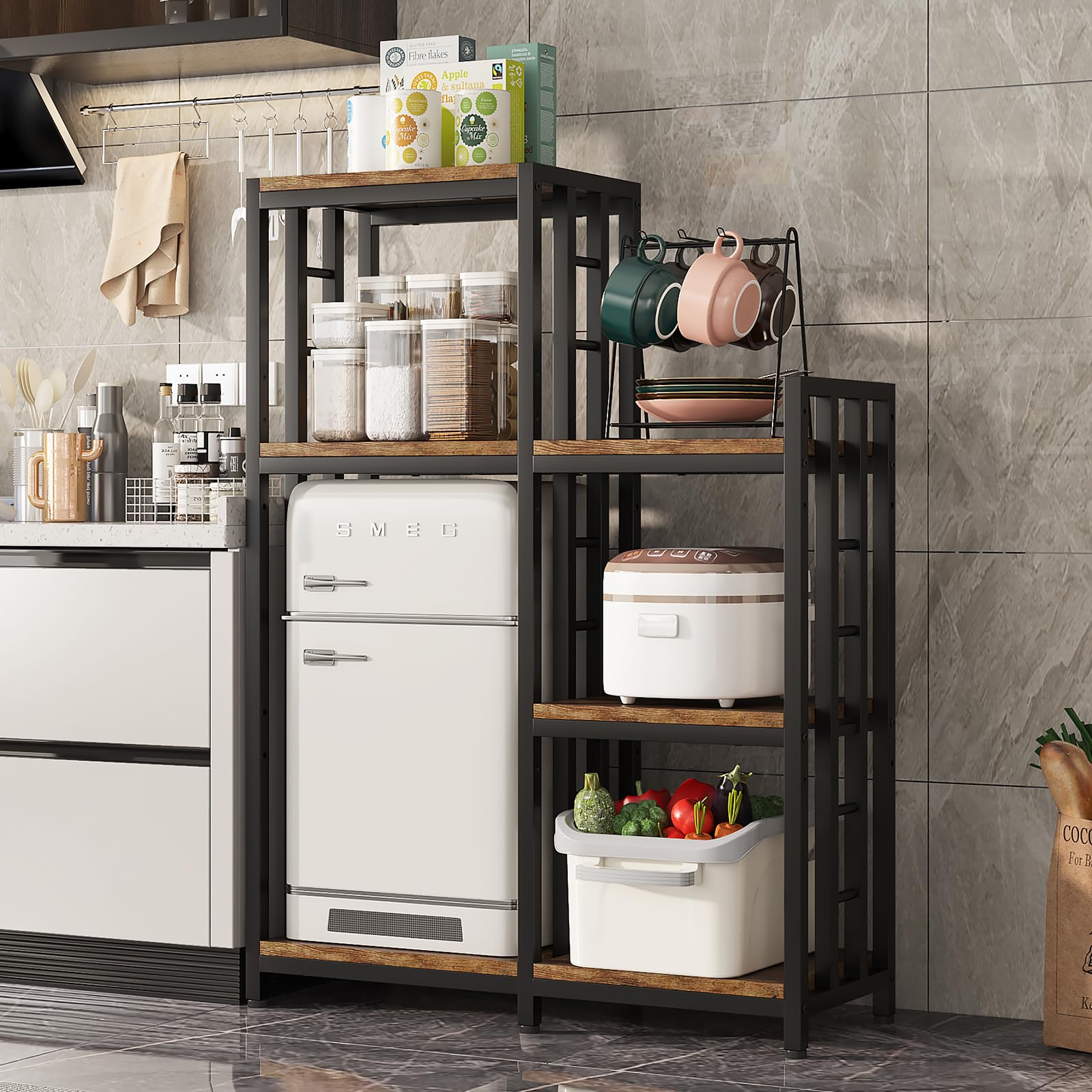 jarrvz 6-Tier Kitchen Bakers Rack, Freestanding Mini Fridge Stand Height Adjustable Bakers Rack with Storage, Sturdy Microwave Stand with Storage,