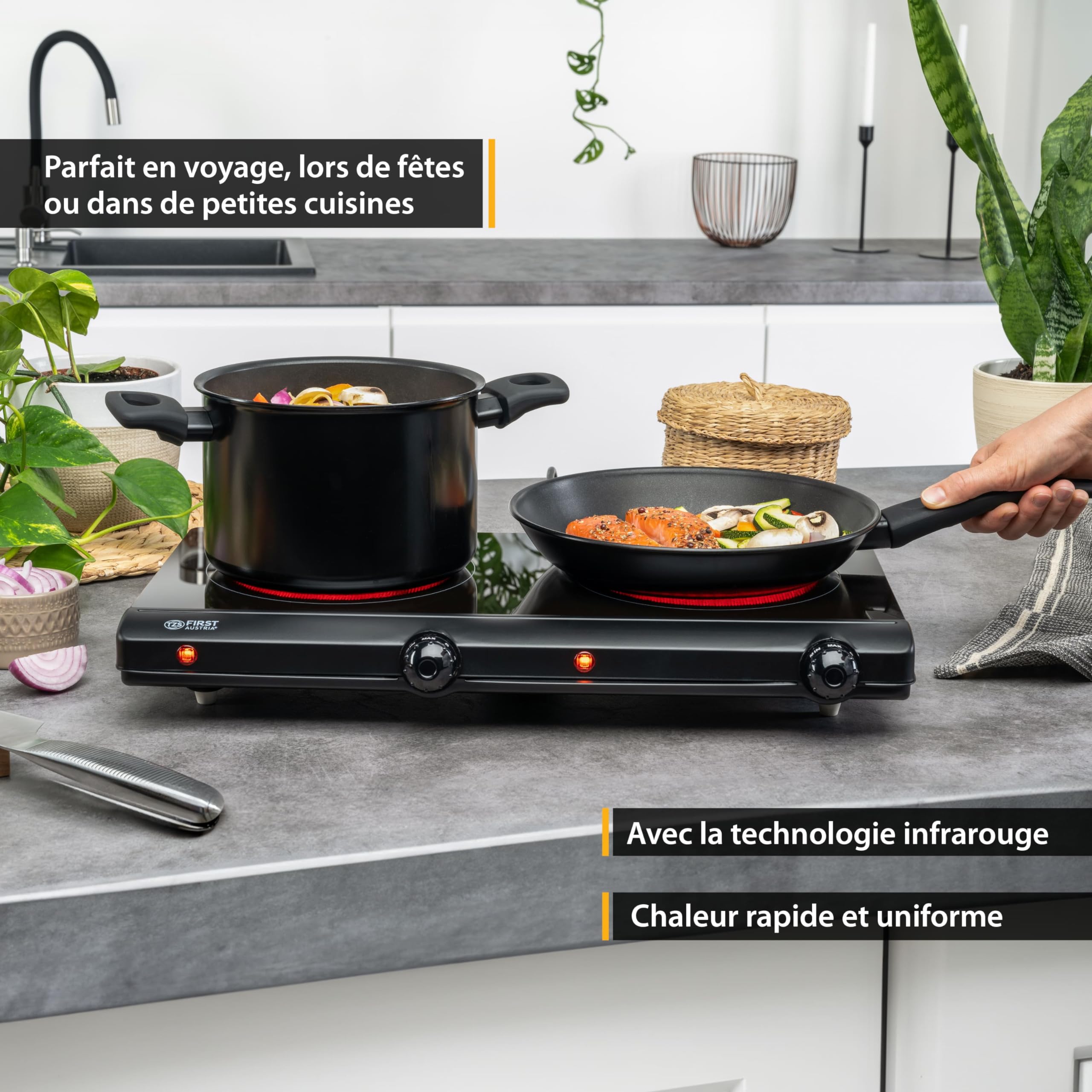 TZS First Austria - Plaque Infrarouge Double 2500W - Ø 2 x 150 mm - Réchaud portable avec protection antisurchauffe & thermostat réglable - Plaque vitrocéramique pour tous types de casseroles