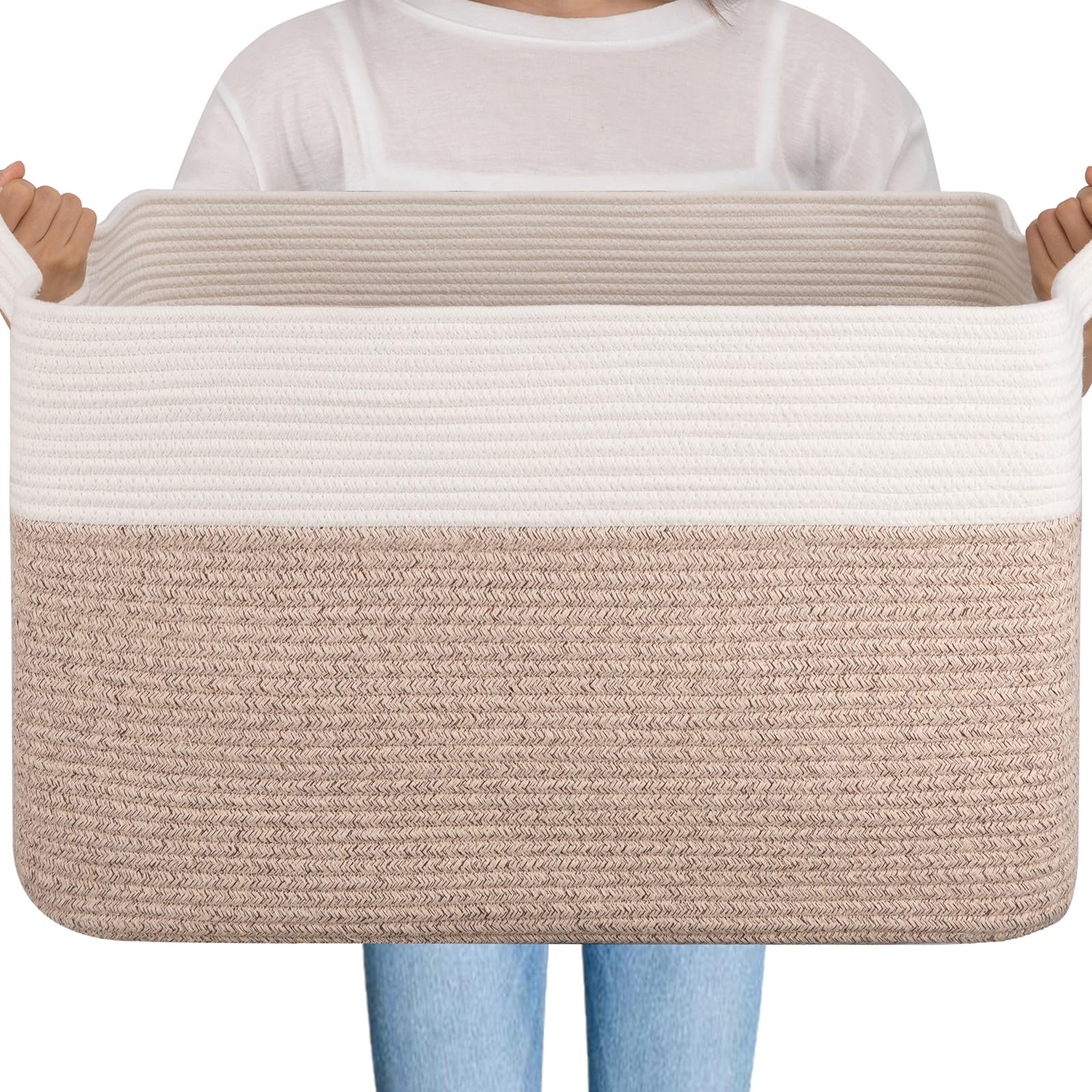 OIAHOMY 95L Blanket Basket, 24”x17”x14”, Large Woven Baskets for Storage, Nursery Cotton Rope Basket with Handle, Living Room, Nursery, Bedroom,Toy Baskets Organizer Bins, Brown and White
