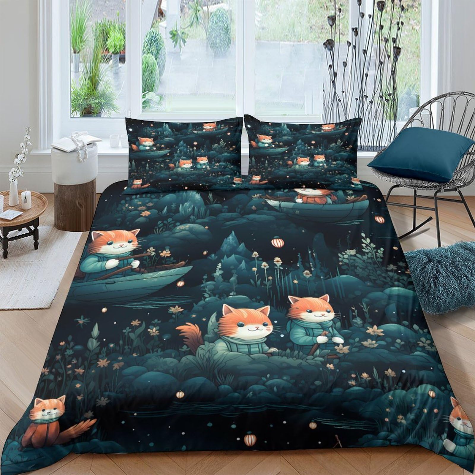 GPLZQXKJNH 3D Printed Fox Forest Duvet Cover Microfiber Soft Breathable Woodland Animal Bedding Set with 2 Pillowcases for Bedroom Decor Single（135x200cm）