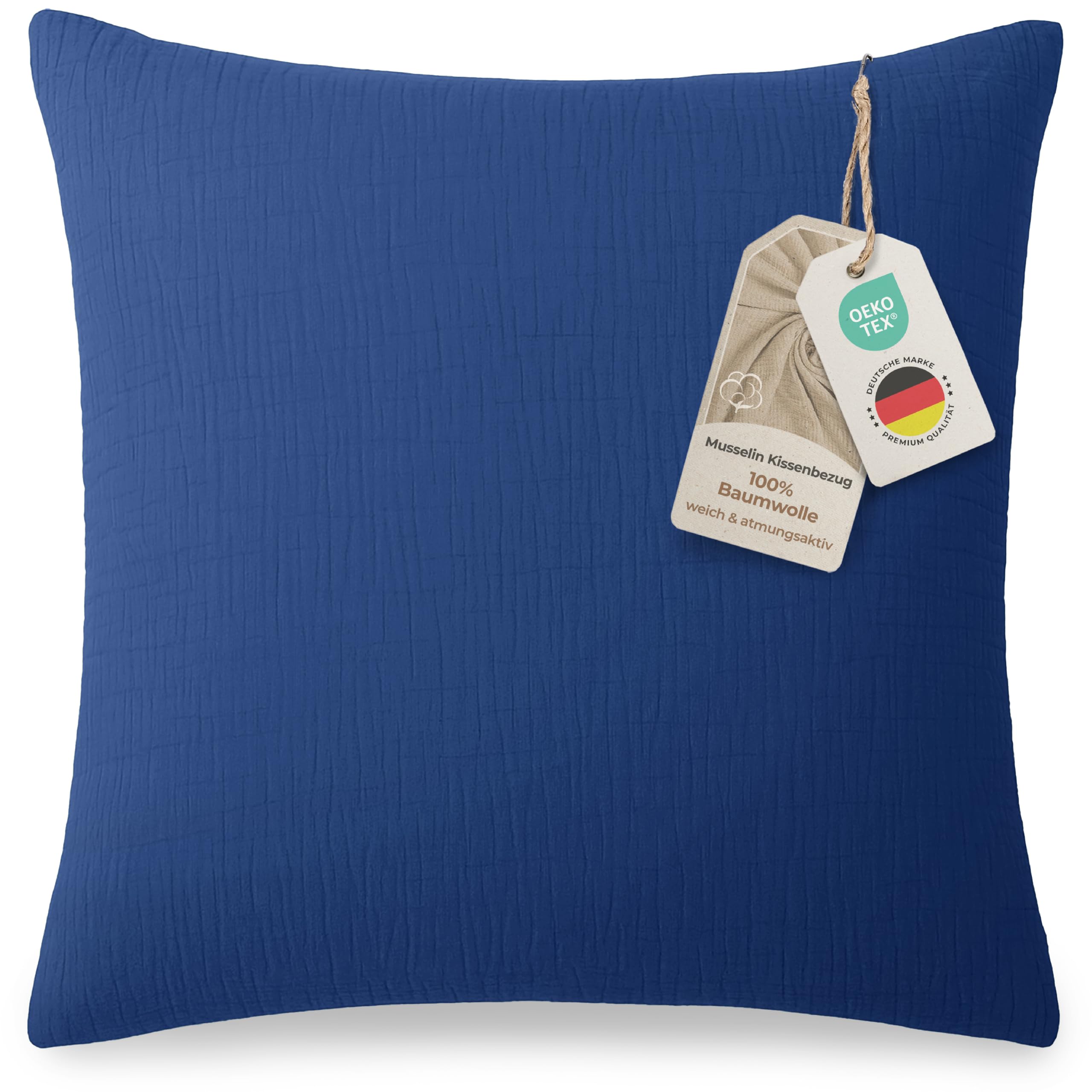 LAYNENBURG Musselin Kissenbezug 80x80 cm - Oeko-Tex – 100% Baumwolle – atmungsaktiv & bügelfrei – 3 lagiges Musselin mit Reißverschluss & Haltebändern (blau)