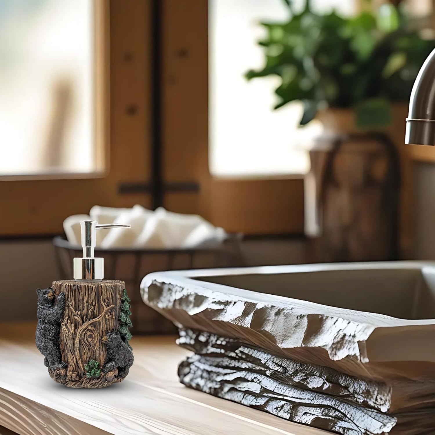Woodland Bears Around The Tree Pump Bottle – Resin Bear-Themed Decorative Liquid Hand Soap Dispenser– Cabin and Lodge Rustic Bath Acessories Home Décor