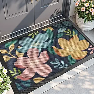 DEXI Front Door Mat Outside Entrance, Spring Entryway Doormat Dirt Trapper, Heavy Duty Non Slip Entry Mats for Patio Garage Porch Home Decorative, 32x48, Colorful Floral