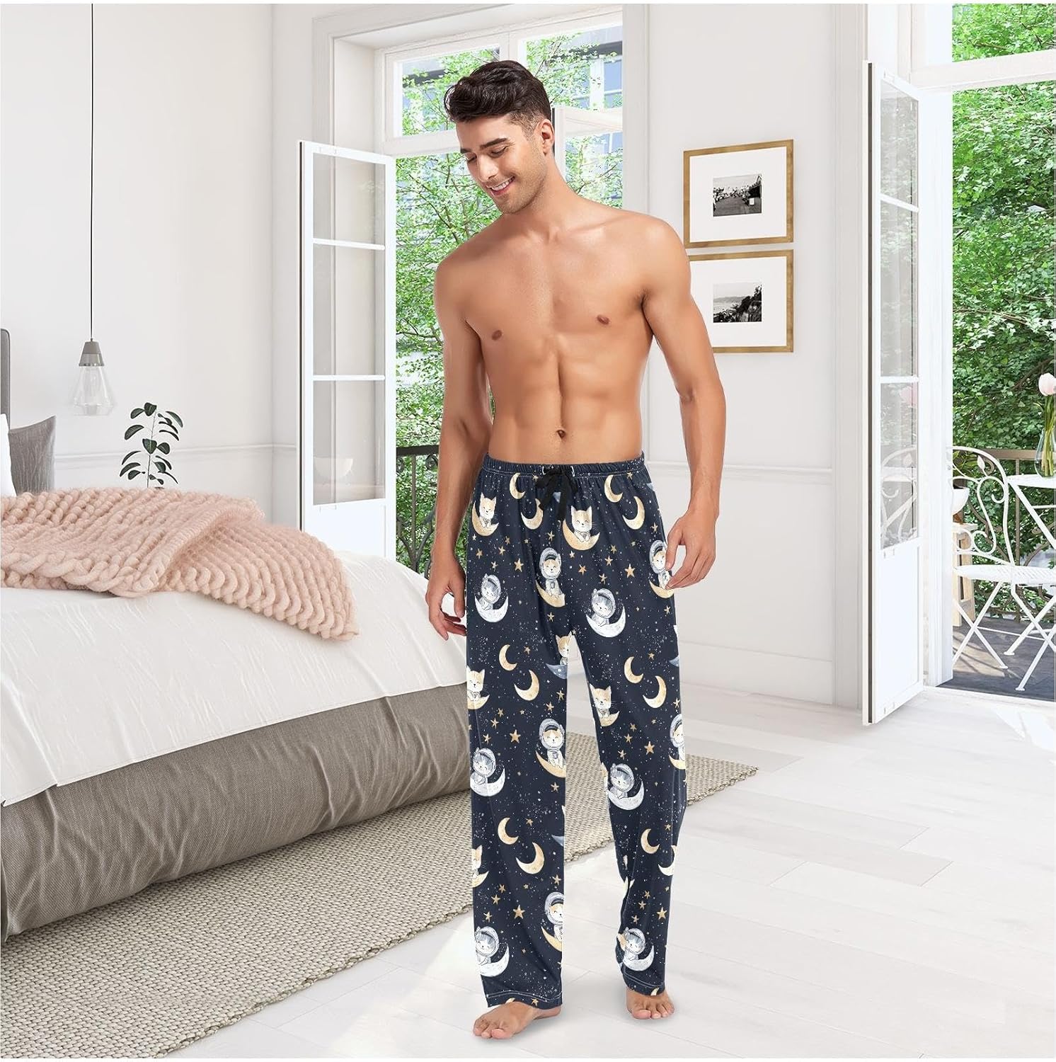 ZZKKO Pajamas Pants for Men Starry Sky Astronaut Cat Men's Pajama 100% Cotton Sleep Pants Straight-Fit PJ Bottoms With Pockets Drawstring L
