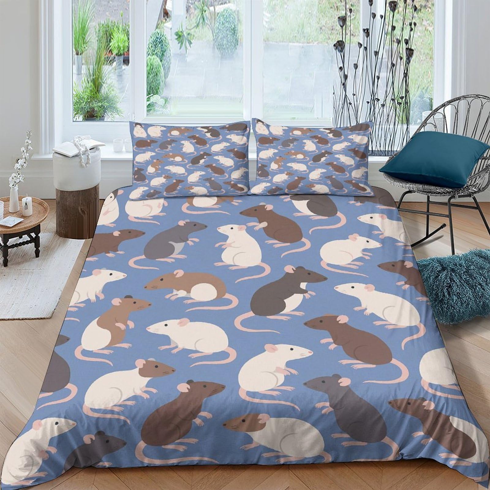 GPLZQXKJNH 3D Printed Rat Pattern Duvet Cover Microfiber Soft Blue Animal Bedding Set with 2 Pillowcases for Bedroom Decor Single（135x200cm）