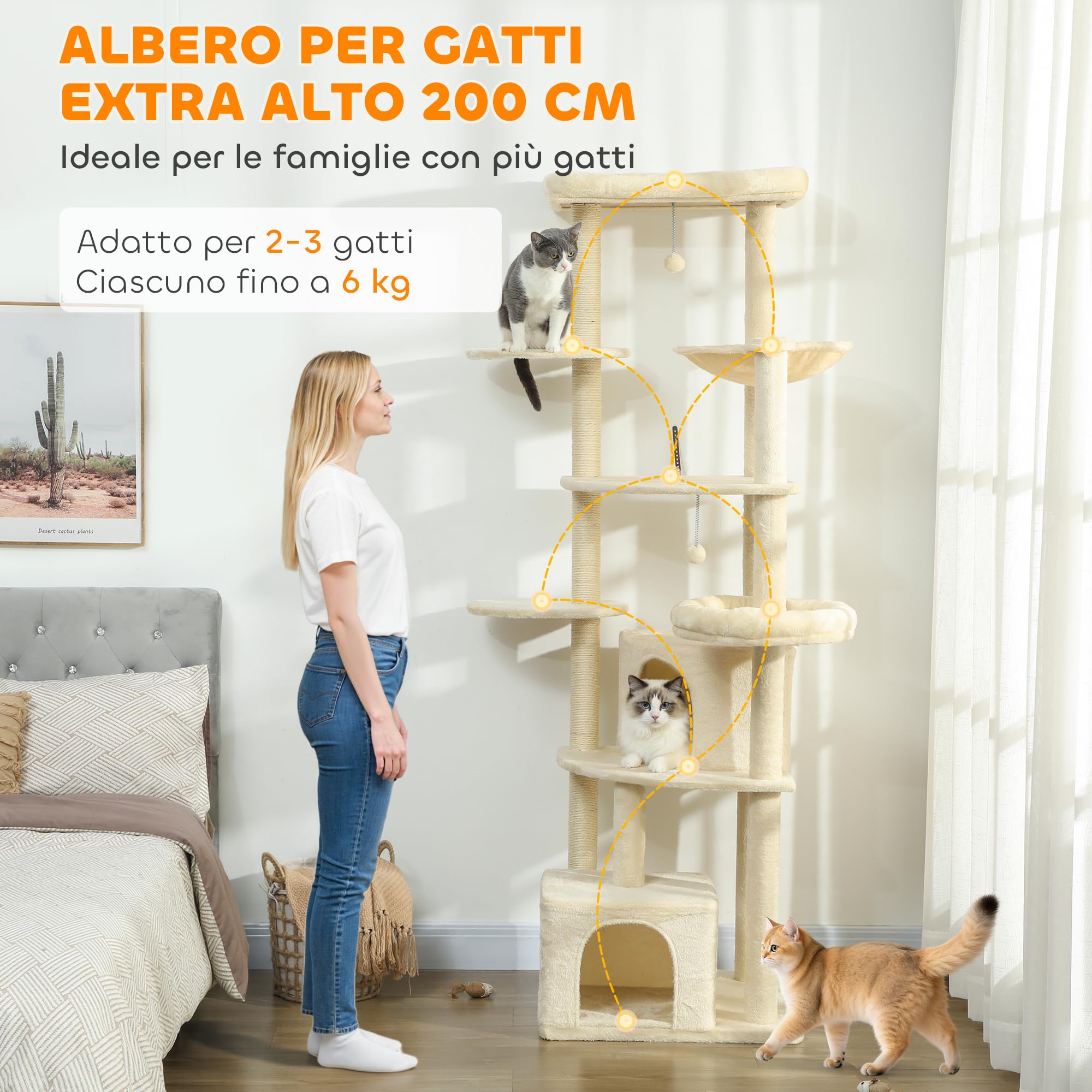 PawHut Tiragraffi per Gatti Alto 200 cm con 5 Pali Graffiatoi Sisal Beige | Albero per Gatti Adulti XXL Multilivello, 2 Grotte, 2 Cucce, Amaca, 2 Pompon, Piattaforme, Peluche, Torre per Gattini