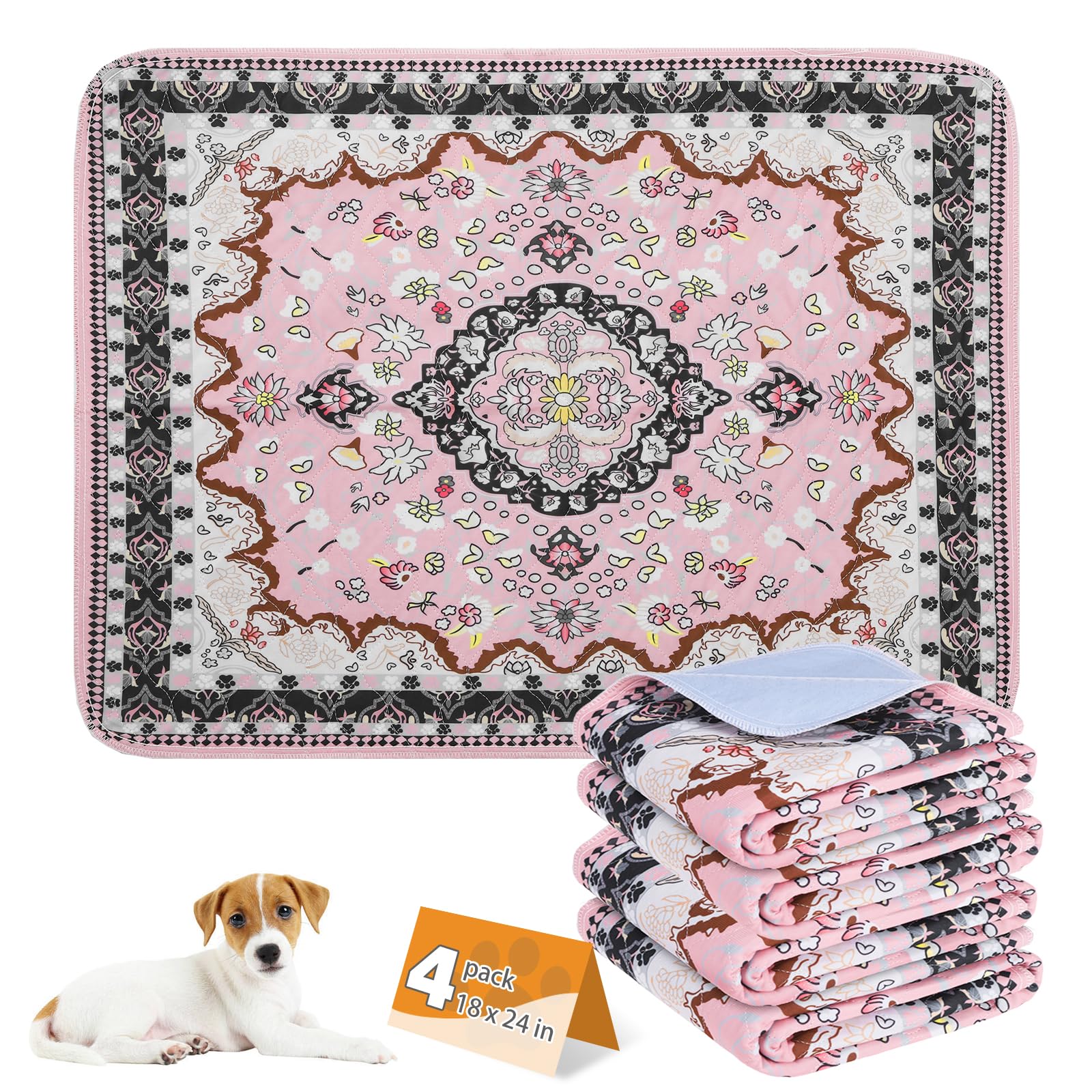 KOOLTAIL Washable Pee Pads for Dogs, 4 Pack Super Absorbent Reusable Puppy Training Pads Waterproof, Nonslip and Leak-Proof Dog Pee Pads, Large Pet Mats Whelping Pads for Floor, Crate, Couch, 18"x24"