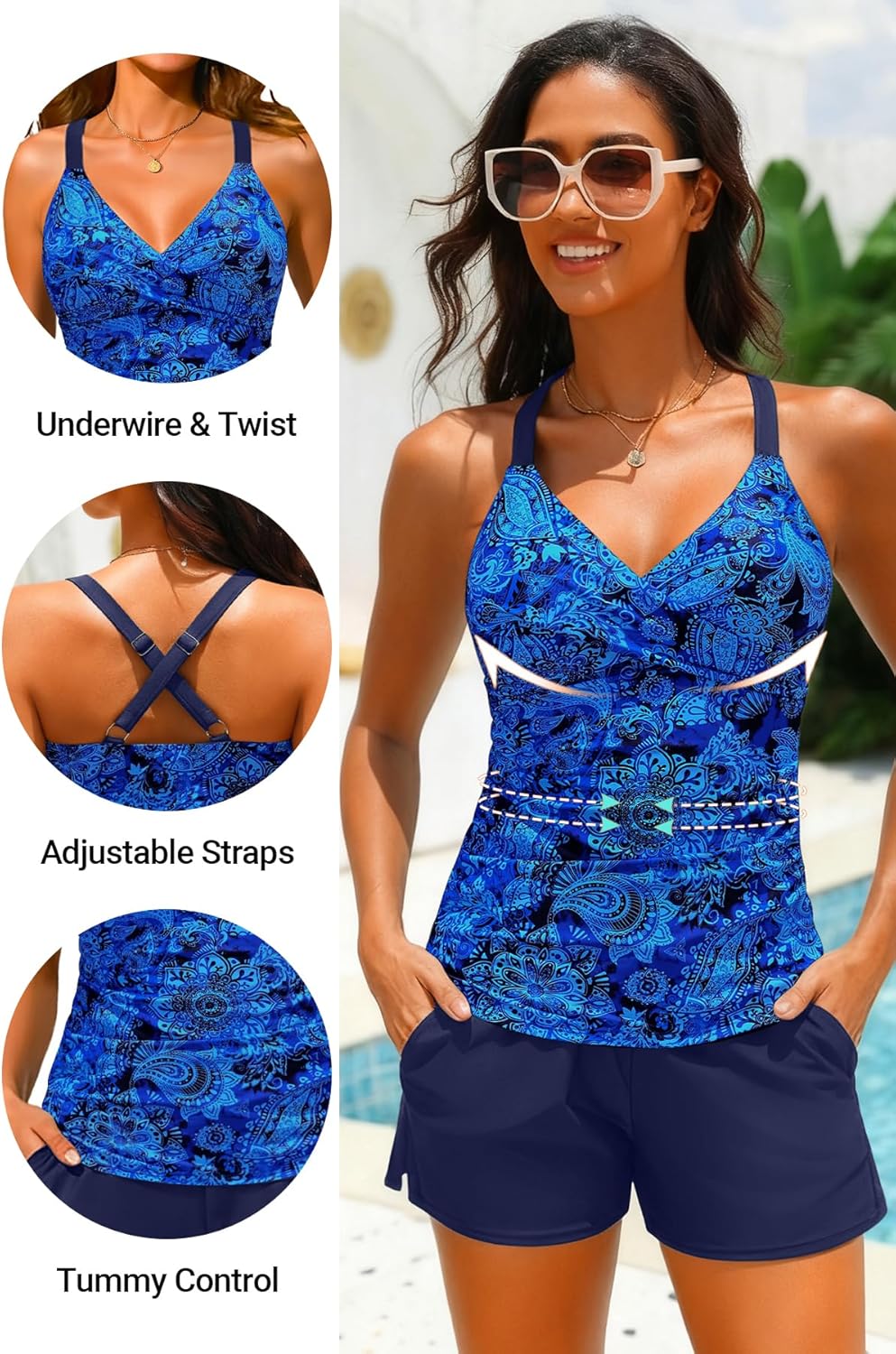 Women Underwire Tankini Swimsuit with Shorts - Two Piece Tummy Control Bathing Suit 2025 Swimwear with Pockets - Image 5