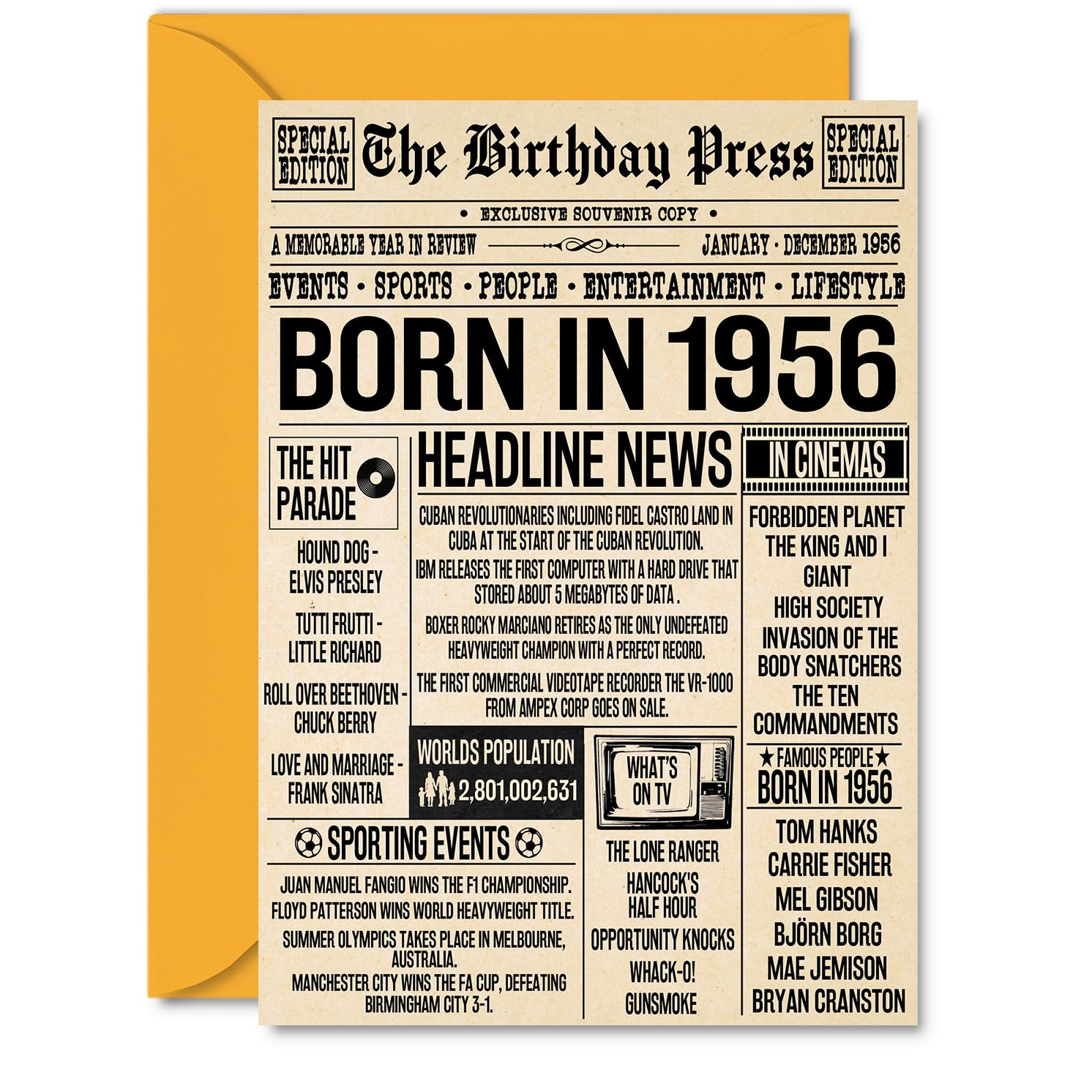 70th Birthday Cards for Women Men - Born In 1956 Newspaper - Happy 70 Birthday Card for Grandma Grandad Nan Vintage Retro Back In 1956, A5 Bday Greeting Cards