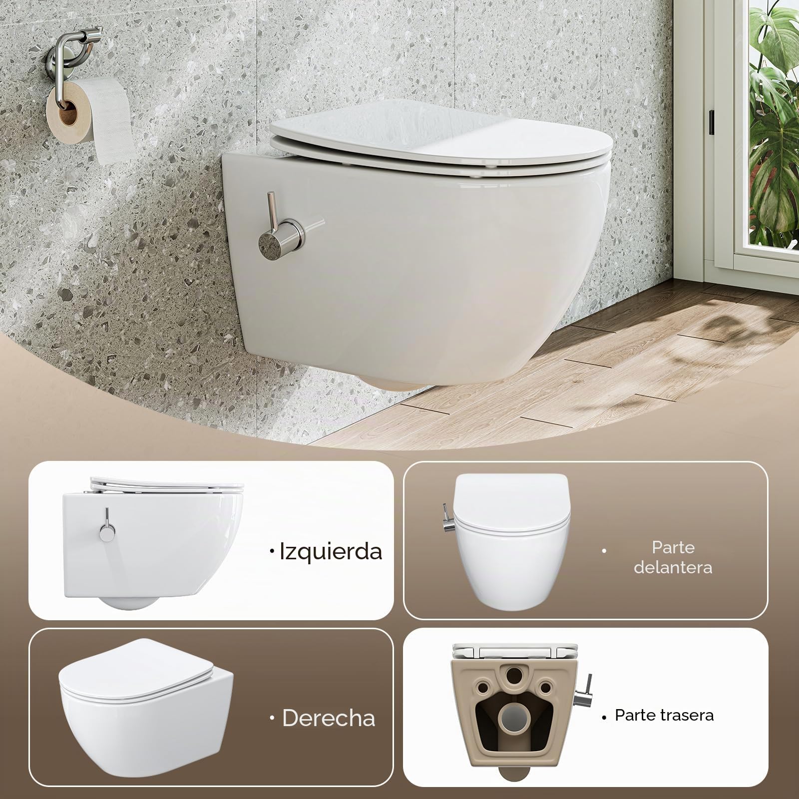 HOROW Inodoro con boquilla integrada, inodoro suspendido con función de bidé, Taharet WC con nanorrevestimiento, inodoro con grifo, asiento de inodoro con descenso automático, agua fría, 53 x 36 x 35