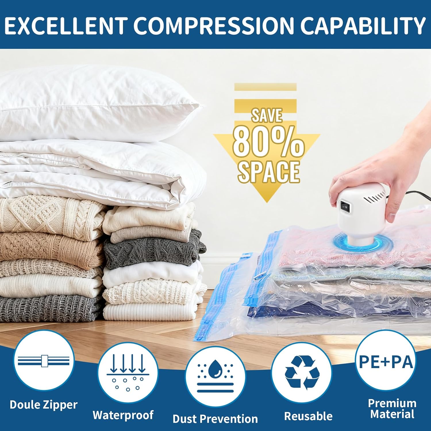 Vacuum Storage Bags with Electric Pump,8 Pack Extra Large Space Saving Vacuum Seal Bags for Bedding,Blankets,Comforters,Duvets,Pillows(4 Large+4 Super Jumbo) - Image 2