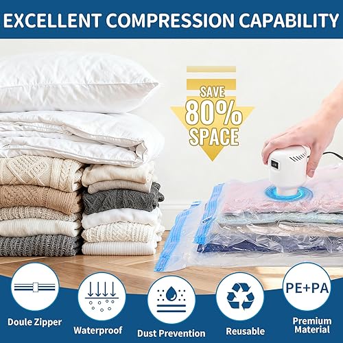 Miniatura 2 de Paquete de 8 bolsas de almacenamiento de sellado al vacío con bomba eléctrica, ahorro de espacio, espacio de compresión, para ropa, edredones,