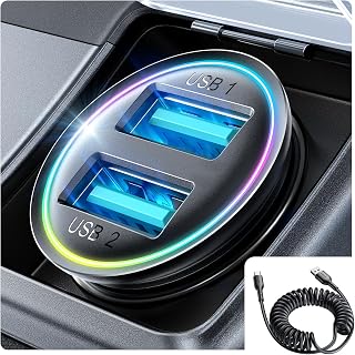 Car Charger 4.8A Smallest Metal Car Charger Adapter with 5FT Type C Coiled Cable, JOYROOM Car Phone Charger USB Port Flush Fit for Samsung S23/S22/S21/Android,iPhone14/13/12/11