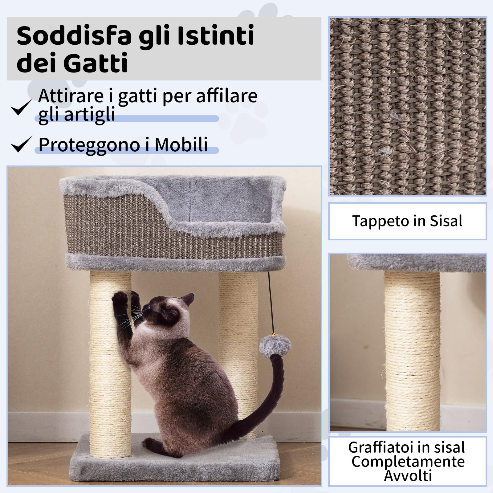 COSTWAY Albero per Gatti 38 x 38,5 x 51 cm, Tiragraffi per Gatti con Posatoio in Peluche, Pali Graffianti in Sisal e Palla Pendente, Centro Attività Moderno per Animali Domestici (Grigio)