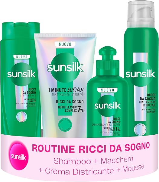 Sunsilk Kit Ricci da Sogno Shampoo 250ml, Maschera 1 Minute WOW 180ml, Crema Districante 200ml e Mousse 200ml, Trattamento Anticrespo per Capelli Ricci Definiti, Elastici e Morbidi a Lunga Tenuta - 1