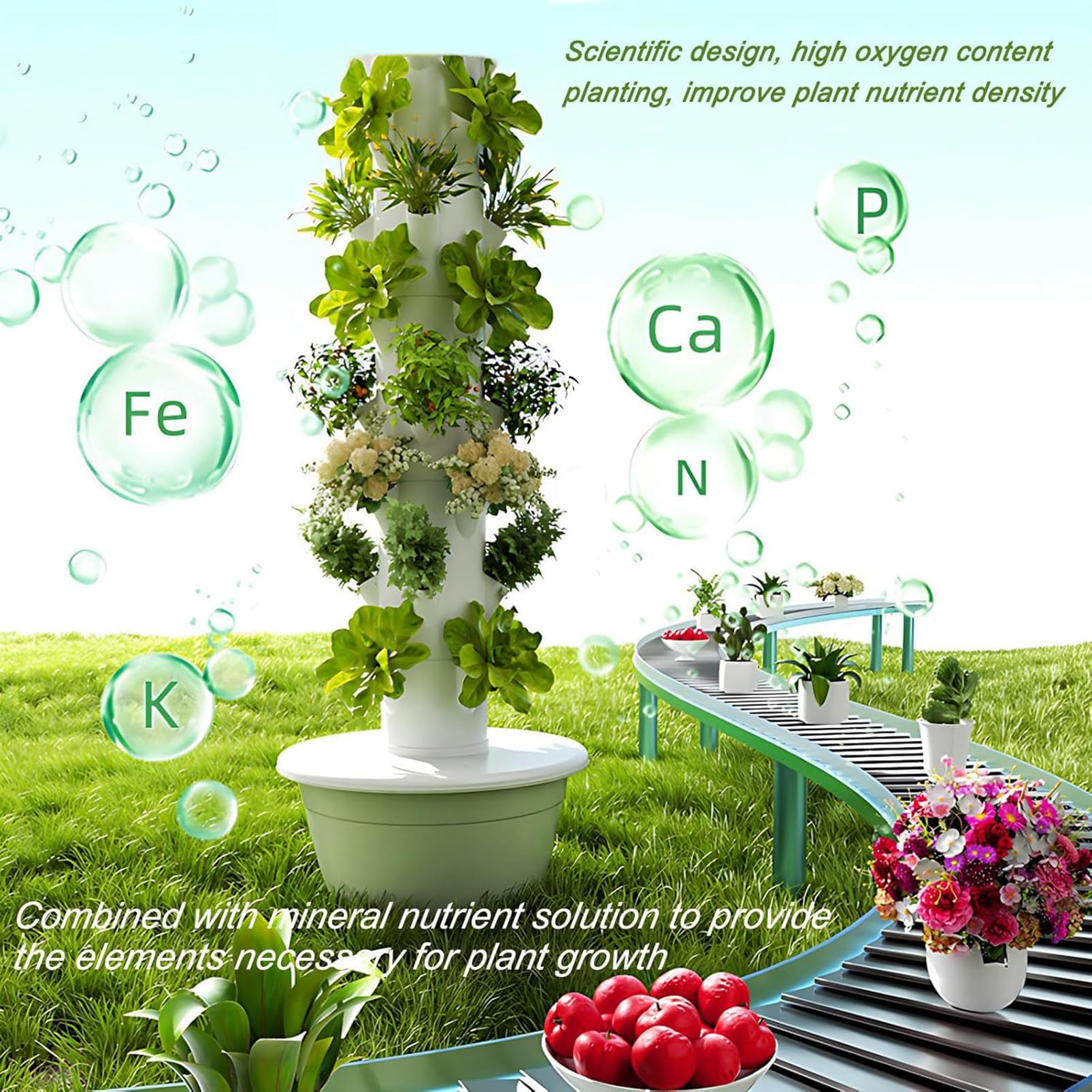 Kit de sistema de cultivo hidropónico, torre vertical con circulación automática de agua, uso en interiores y exteriores, 4 luces LED y temporizador, 9 capas para verduras y frutas