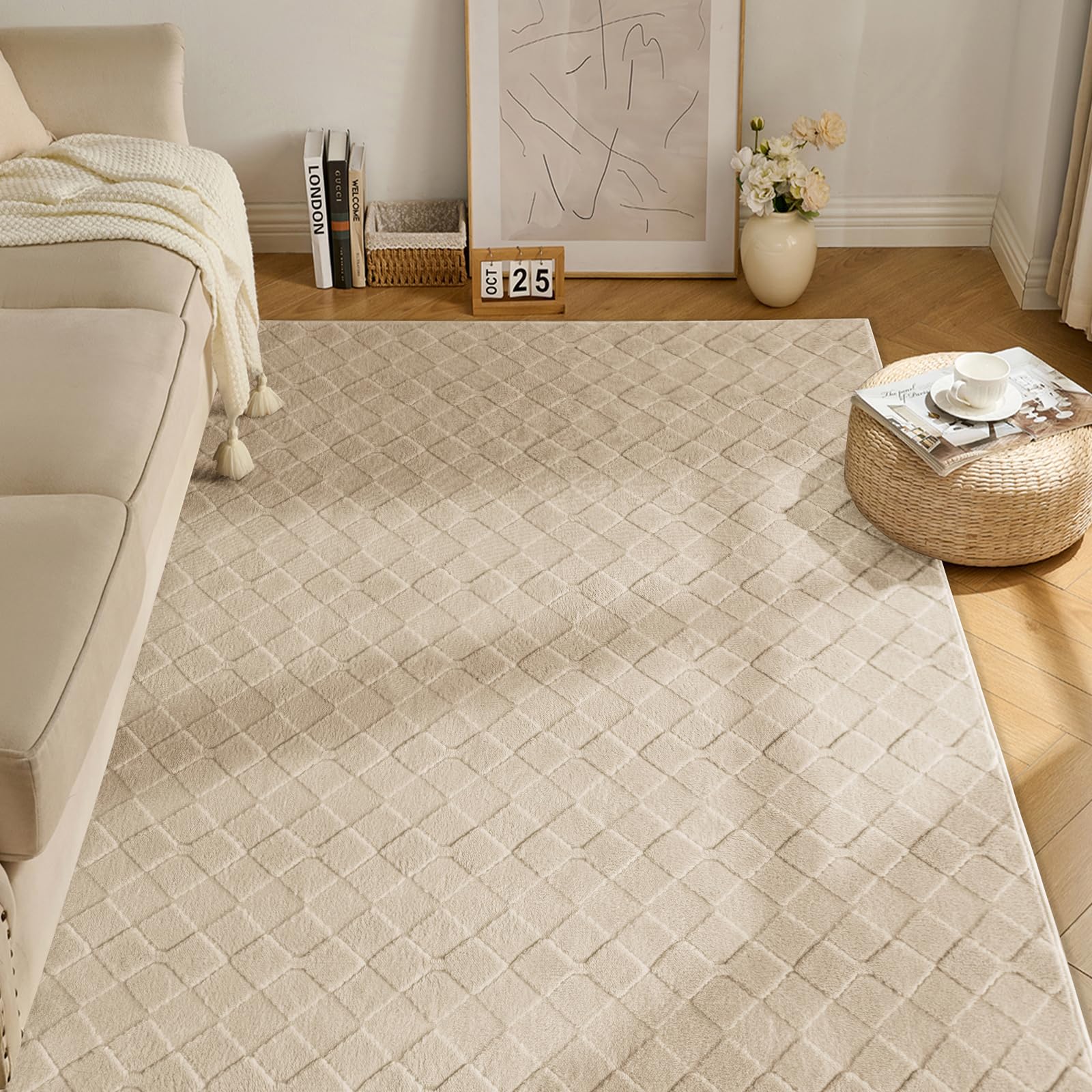 Ceneco Fluffy Beige Rug, Small Rugs Living Room 60x110cm, Washable Rugs for Bedroom Kids Beside Kitchen Lounge Runner, Short Pile Rug Non-Slip, Non Shedding, High Low Effect Geometric Carpet(Beige)