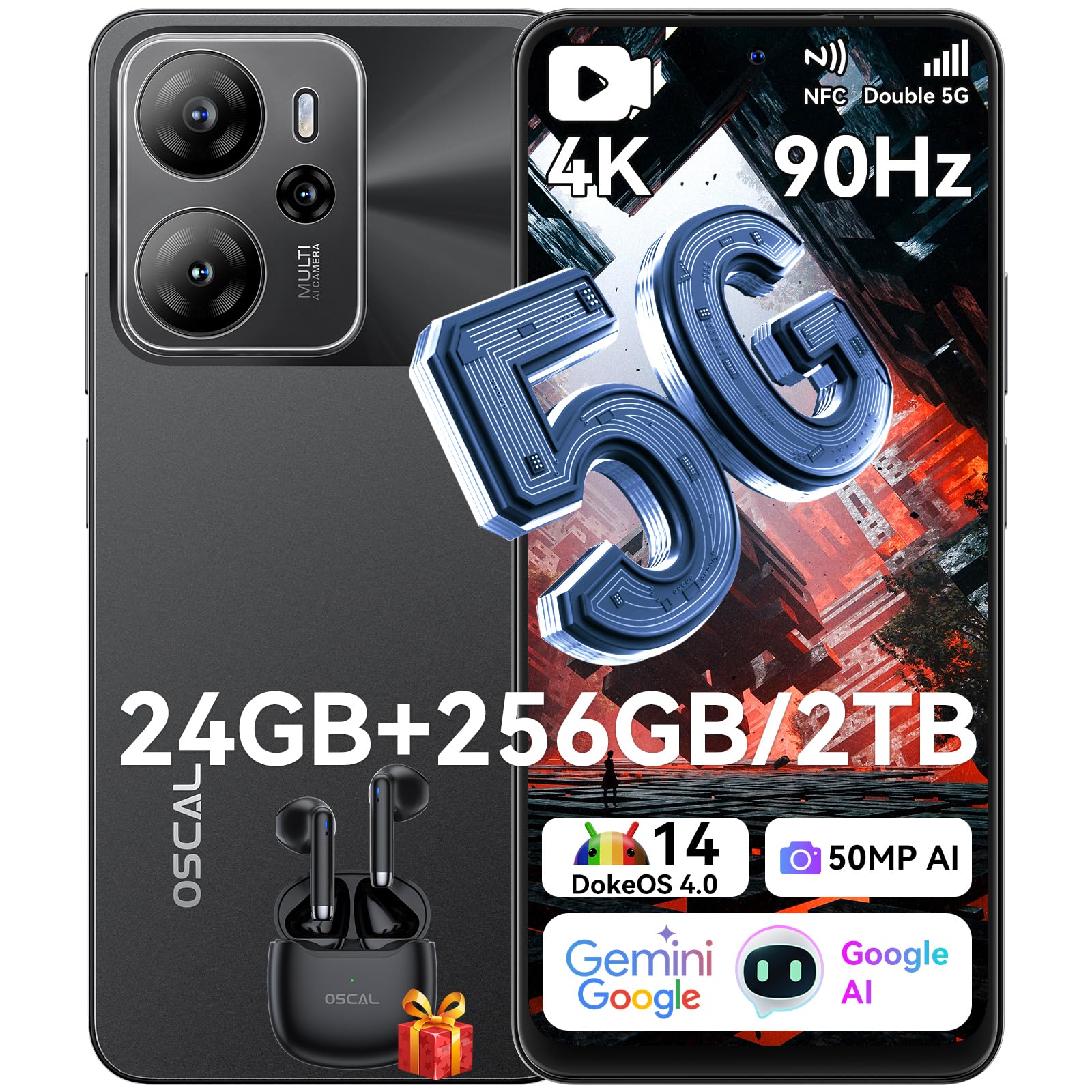 OSCAL Tiger 13 Smartphone 5G, 24GB+256GB/2TB-TF Smartphone Android 14, Octa-Core, 6.67" HD+ 90Hz, AI 50MP+8MP, 18W Ricarica Rapida, 5G Dual SIM Telefono Cellulare NFC/OTG/GPS Nero