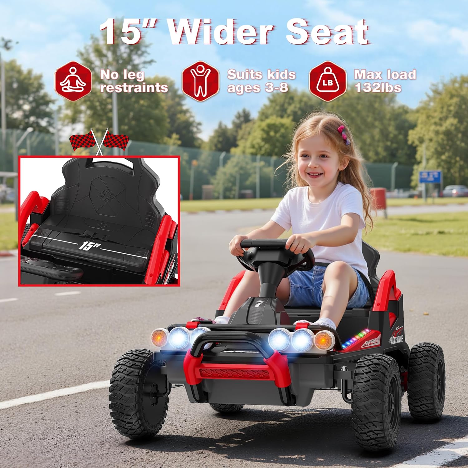 ANPABO 24V Ride On Toy for Big Kids Ages 3-8, Open-Front Design with Extra Legroom, Real-Feel Gas & Clutch Pedal, 132lbs Capacity Metal Frame, Electric Kids Car w/Safety Remote, Bluetooth, Red