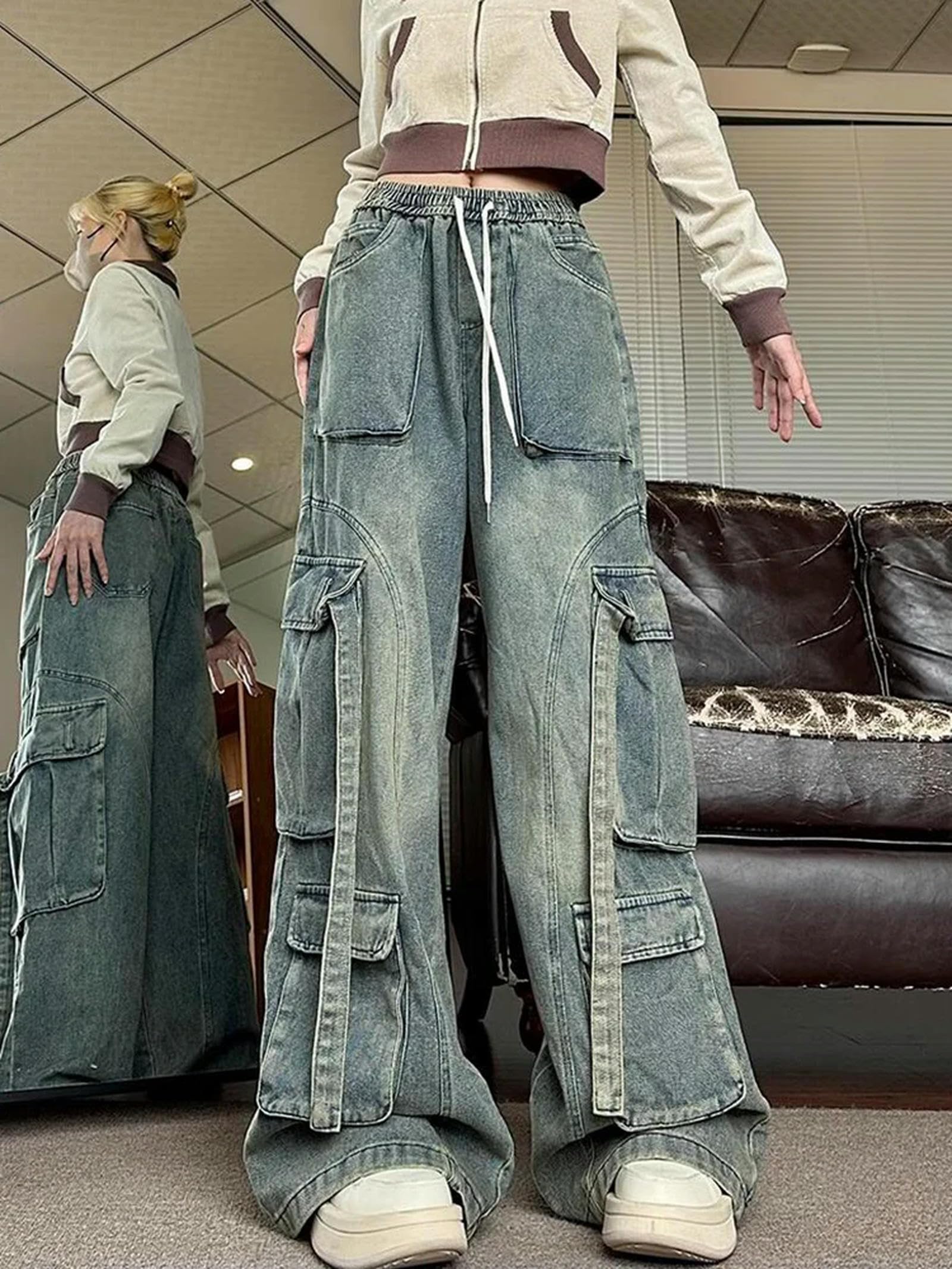 Japanische Mode Jeans 2000er Jahre Ästhetische Vintage Baggy Wide Leg Cargo Denim Hosen Y2k