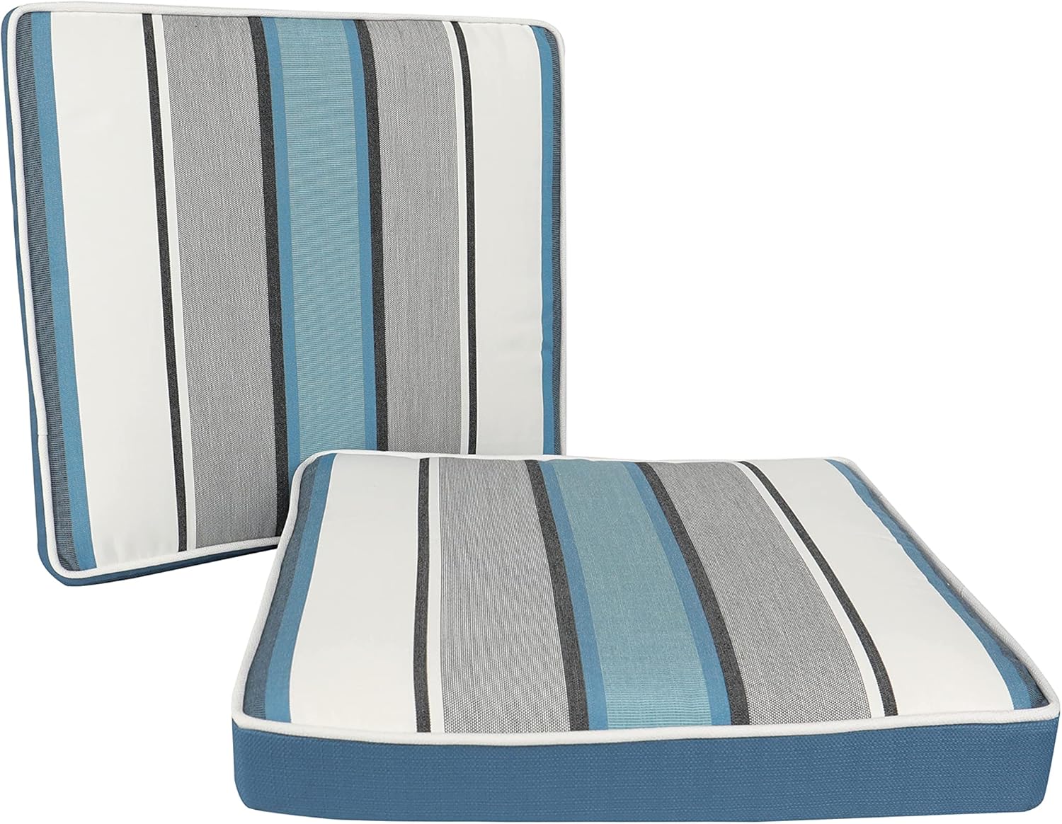 Suntastic Sundeck Stripe Outdoor/Indoor Deluxe Dining Seat Cushion for Patio Furniture, 18" x 19" x 3", Captain's Blue (2 Pack)