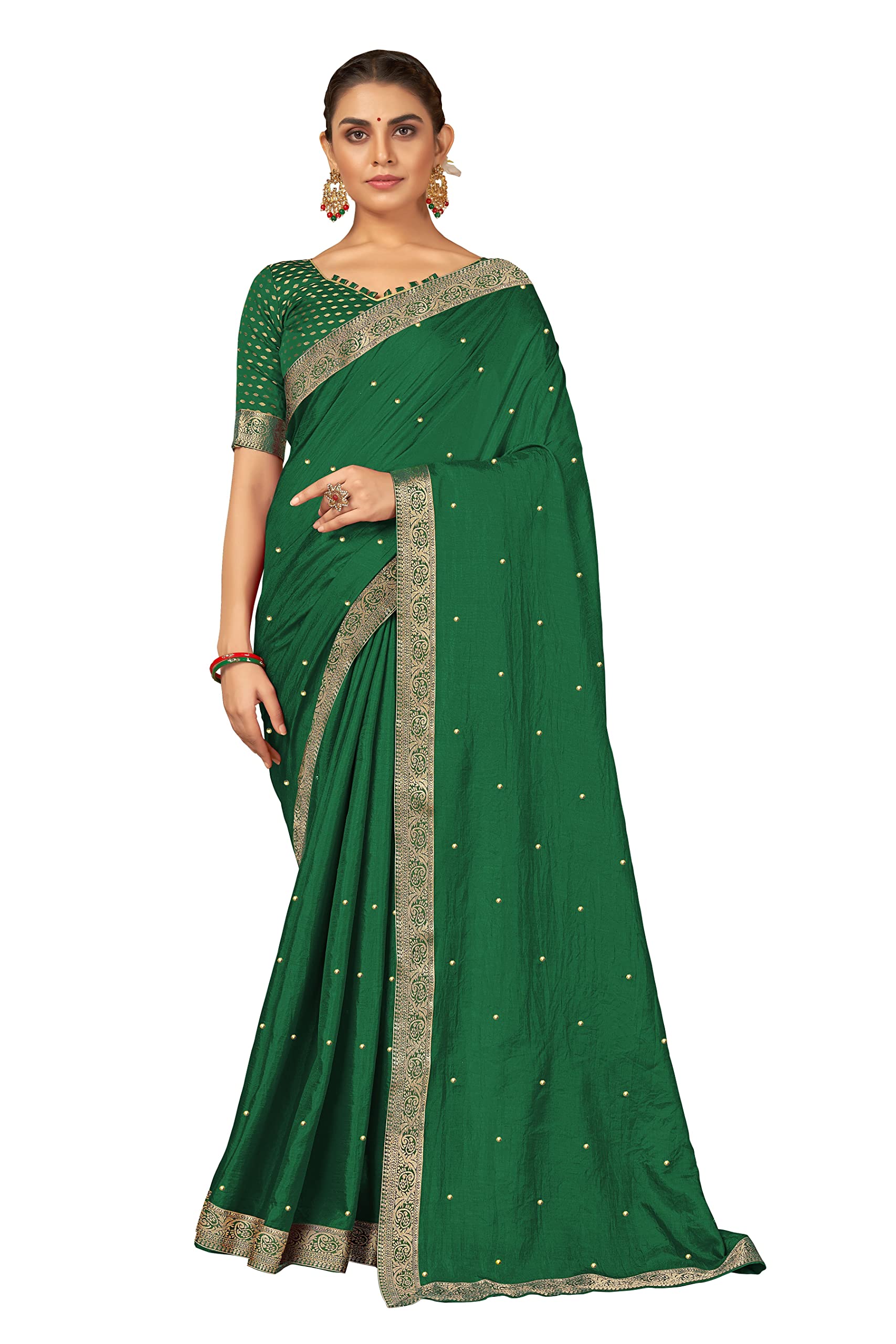 SUTRAMWomen's Brocade Silk Blend Saree (ST1335_Green)
