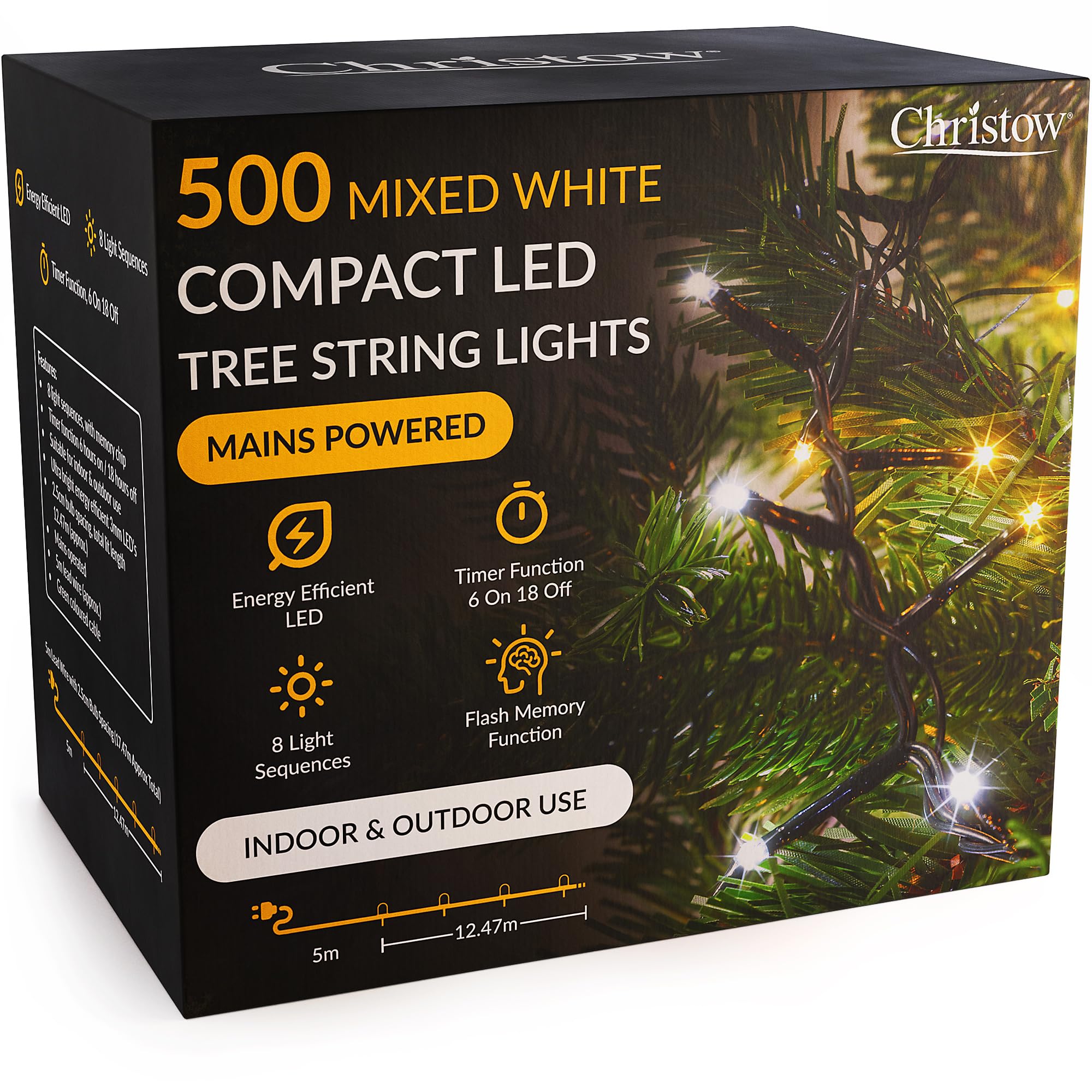 CHRISTOW 5ft Christmas Tree Lights, 500 Mixed White LED Fairy Lights with Timer, 8 Light Modes, Energy Efficient 3mm LEDs, Indoor & Outdoor, Mains Powered, Green Cable (12.47m Lit Length)