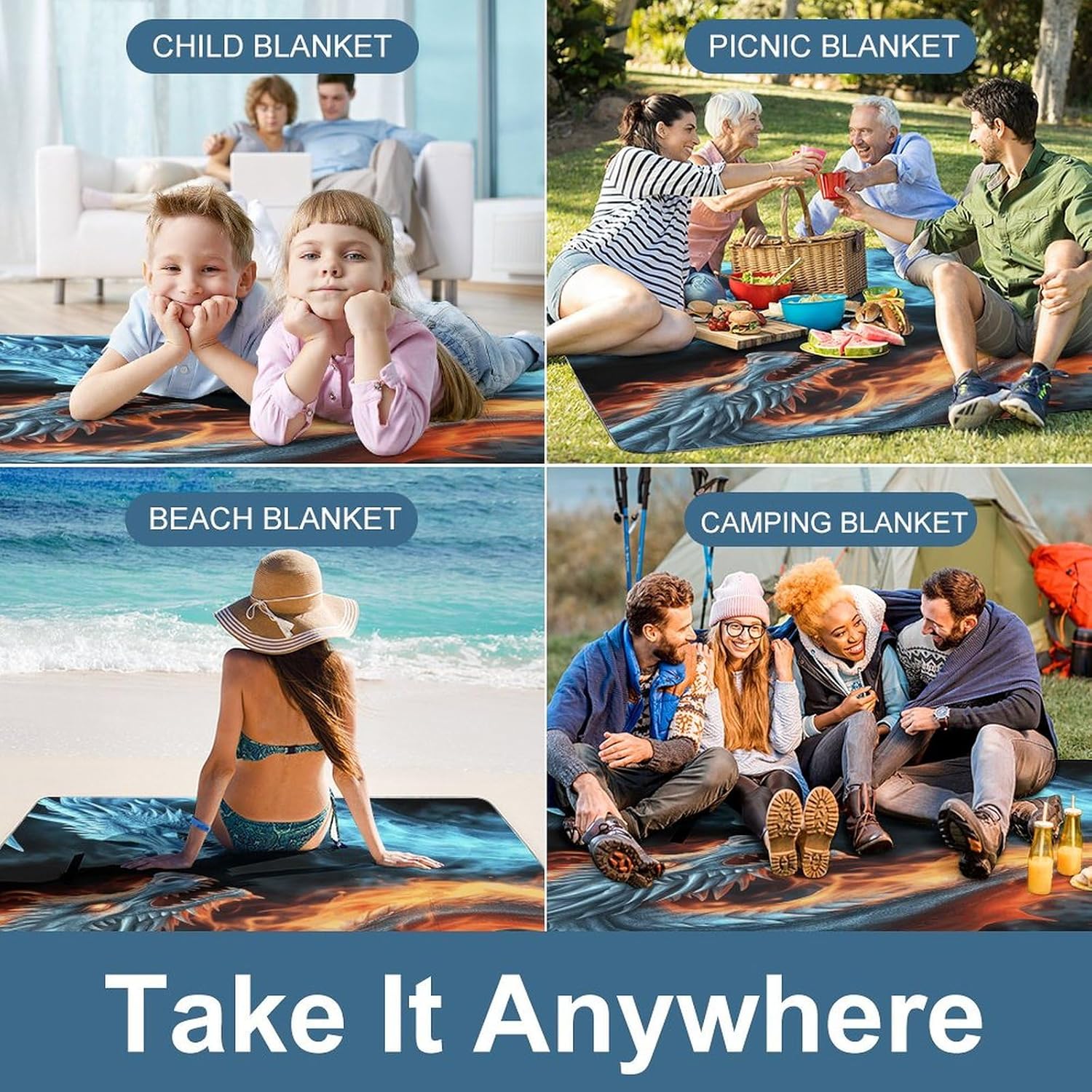 Outdoor Picnic Blanket,Ice and Fire Dragons Print Picnic Blankets,Large Beach Blanket Sand Free Foldable Portable Camping Blanket, 58.3x58.3