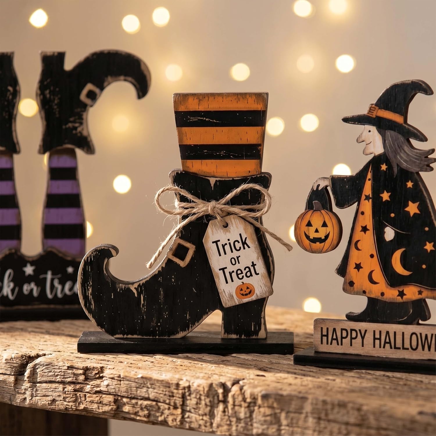 5pcs Halloween Wooden Tabletop Centerpiece Signs, Cute Witch Ghost Boot Desk Decor Set for Office Indoor Home Tiered Tray Mantel Shelf Room Party Supply