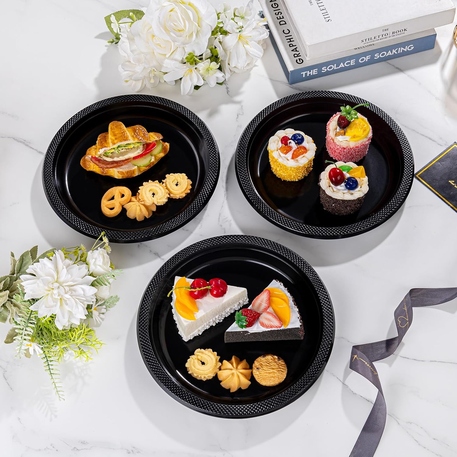 WELLIFE Black Plastic Plates 10 Inch 50 Count Disposable Plate for Party Plastic Plate, Large Big Plates for Dinner Party Supplies Birthday Camping BBQ - Image 6