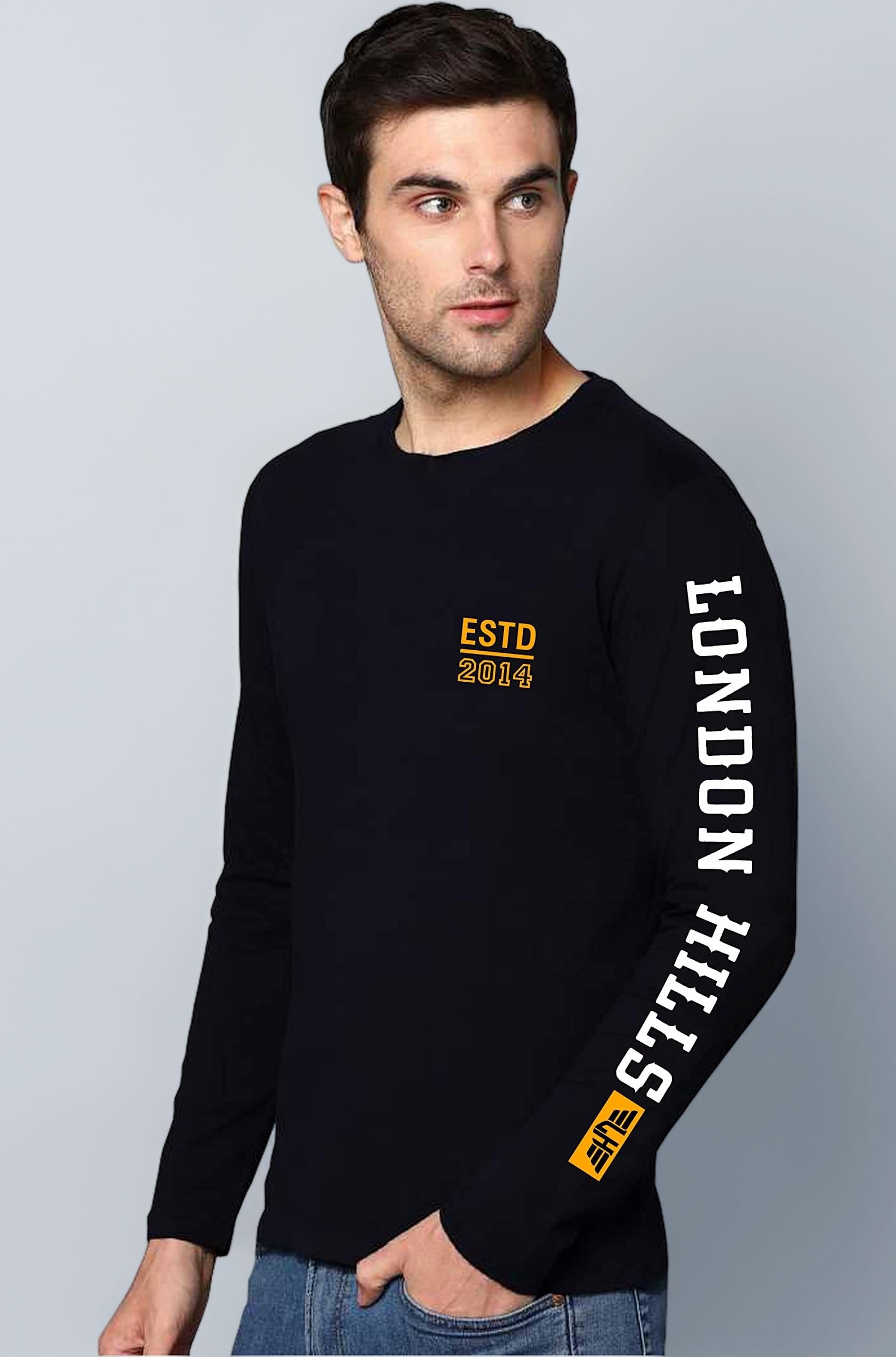 Cotton Printed Men Round Neck Full Sleeve Black Regular Fit T-Shirt