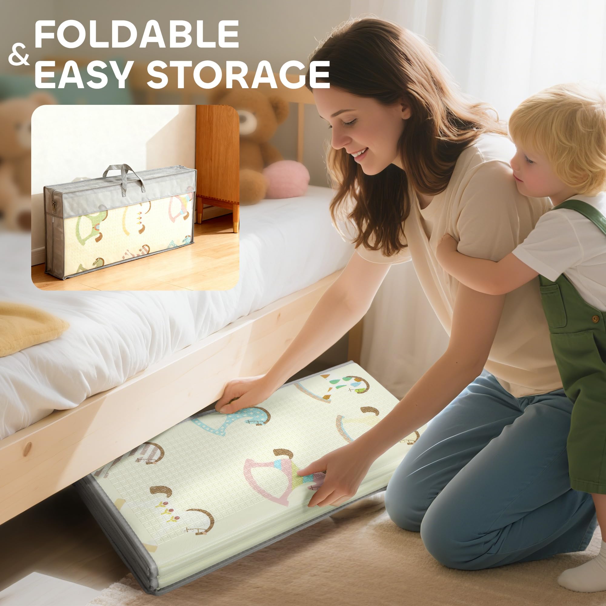 AIYAPLAY Doppelseitige faltbare Babymatte wendbar 200x180 cm | Wasserabweisend, Große Schaumstoffmatte, Schlafzimmer, Kinderzimmer, Verkehrs- und Schaukelpferd-Thema