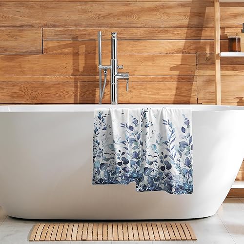 Miniatura 7 de Juego de 2 toallas de mano de hojas de eucalipto azules, toalla facial floral de hojas botánicas de 28 x 14 pulgadas, paños suaves de secado rápido