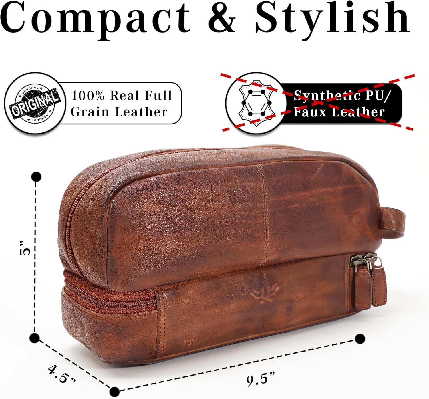 Premium Handmade Leather Toiletry Bags for Men and Women, Genuine Leather Dopp Kit and Shaving Bag for Men, Travel Cosmetic Bag for Womens and Mens, Retro - Dark Brown
