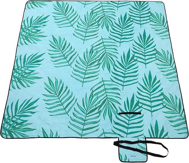 SONGMICS Koc piknikowy, 300 x 200 cm, duża wodoodporna mata piknikowa na kemping, do parku, ogrodu, na plażę, można prać w pralce, składana, wzór paproci i niebieski GCM001Q03
