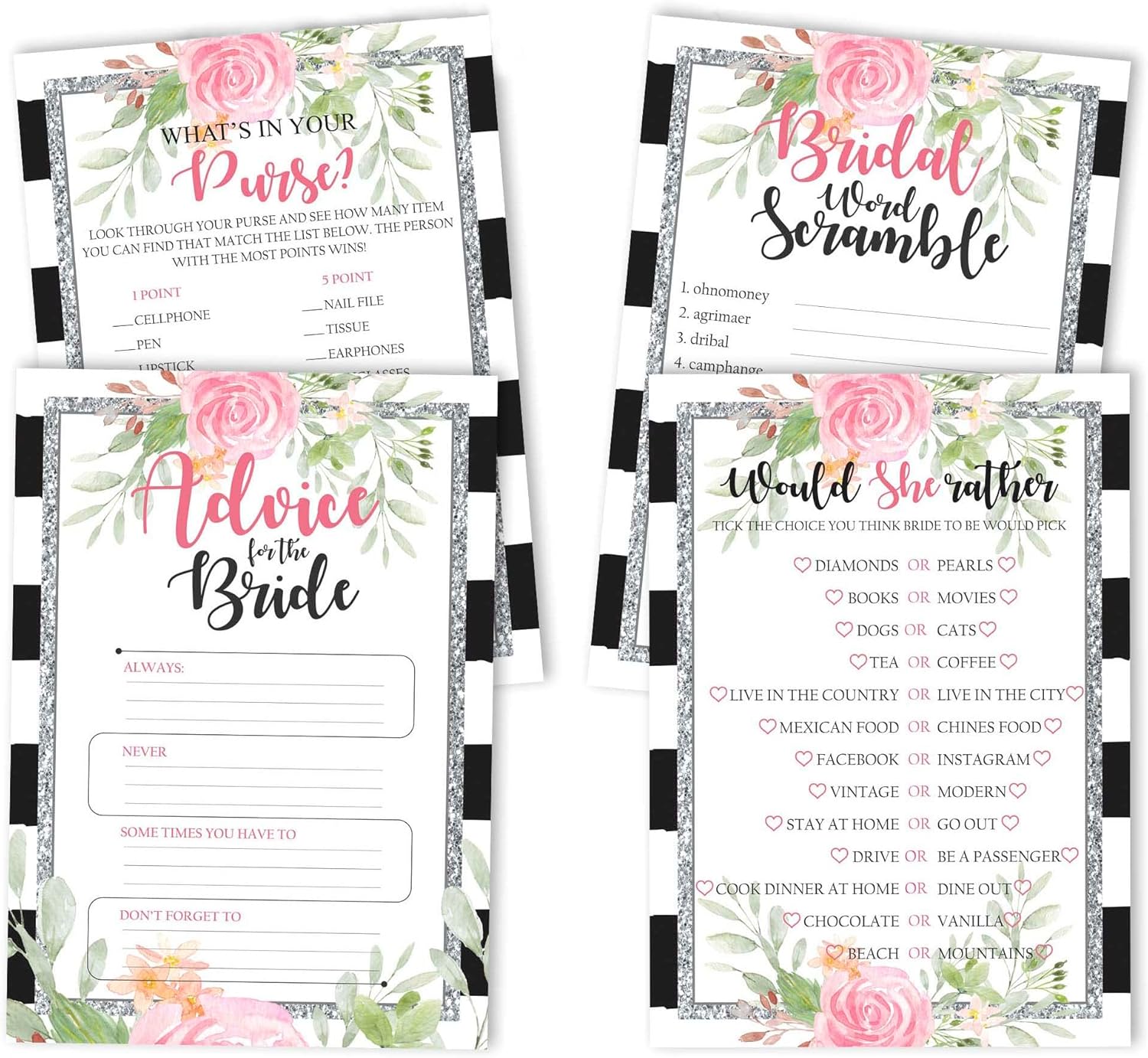 Floral Bridal Shower Games Set of 4(50 Sheets Each) Fun Bachelorette Party Games Set Bundle