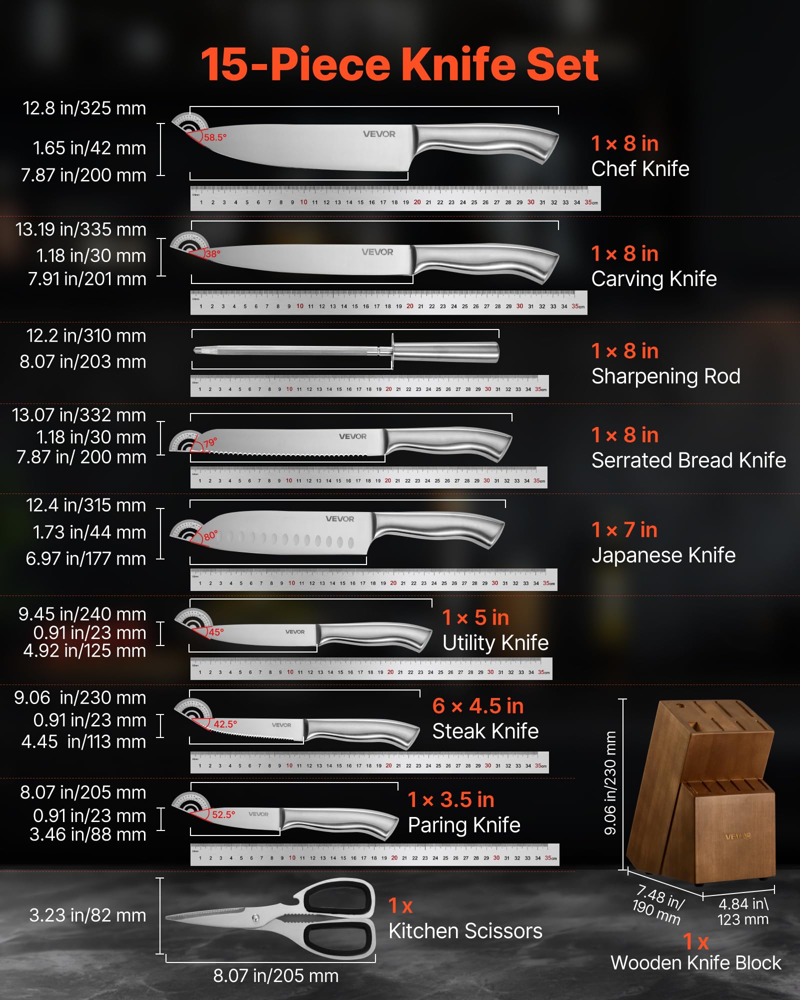 VEVOR Ensemble Couteaux de Cuisine avec Bloc, 15 Pièces, Manche et Lame en Acier Inoxydable à Haute Teneur, Bloc en Bois à Couteaux et Ciseaux de Cuisine Tranchants avec Fusil à Aiguiser