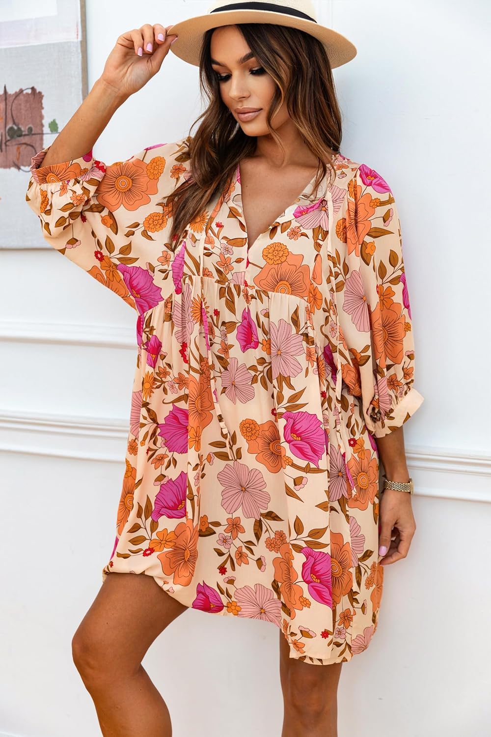 miduo Womens Casual V Neck Summer Half Sleeve Bohemian Floral Mini Tunic Short Dresses - Image 3